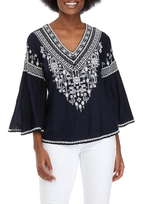 Chelsea & Theodore Navy Bell Sleeve Embroidered Top
