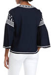 Navy Bell Sleeve Embroidered Top