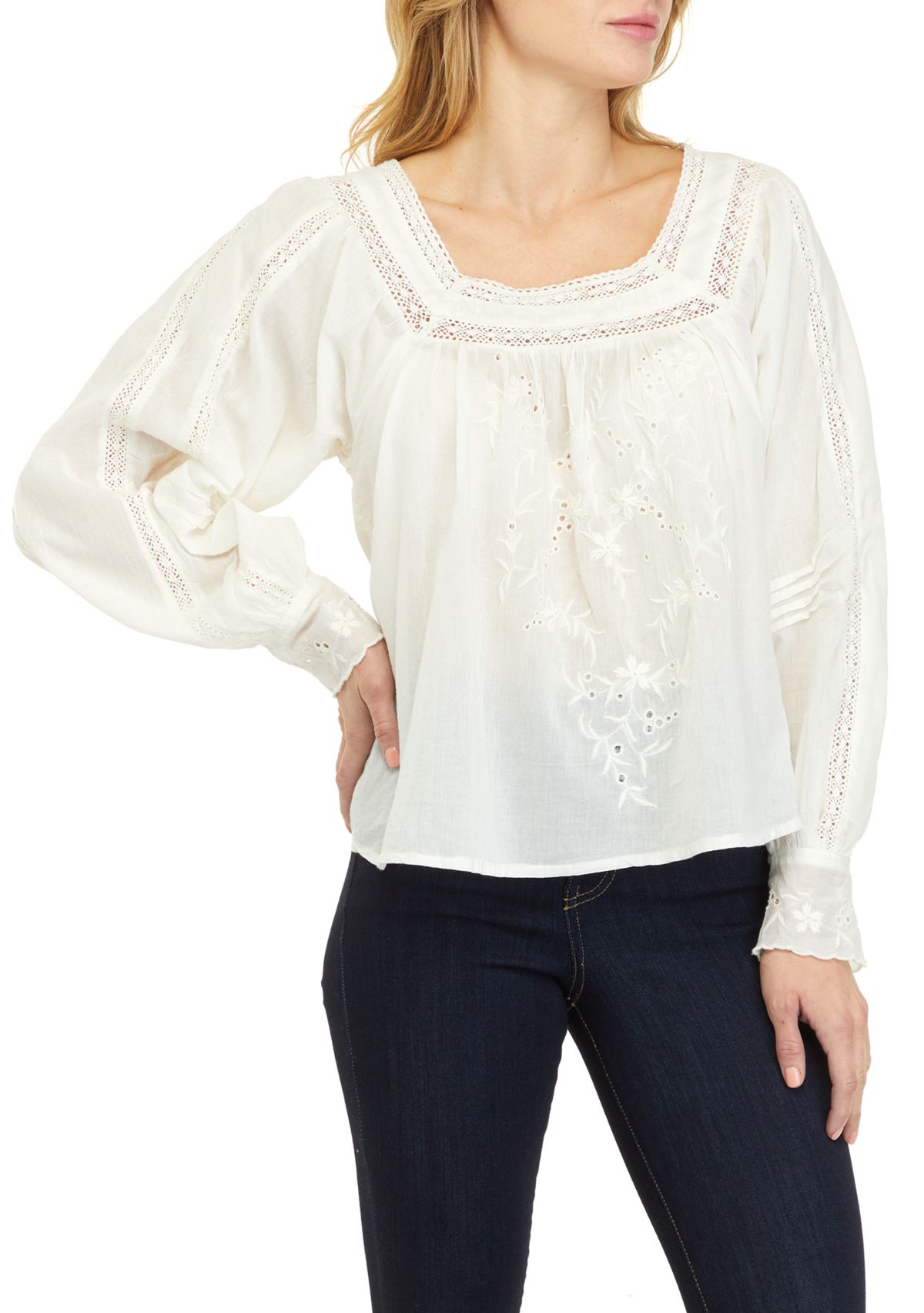 Womens Long Sleeve Square Neck Embroidered Blouse