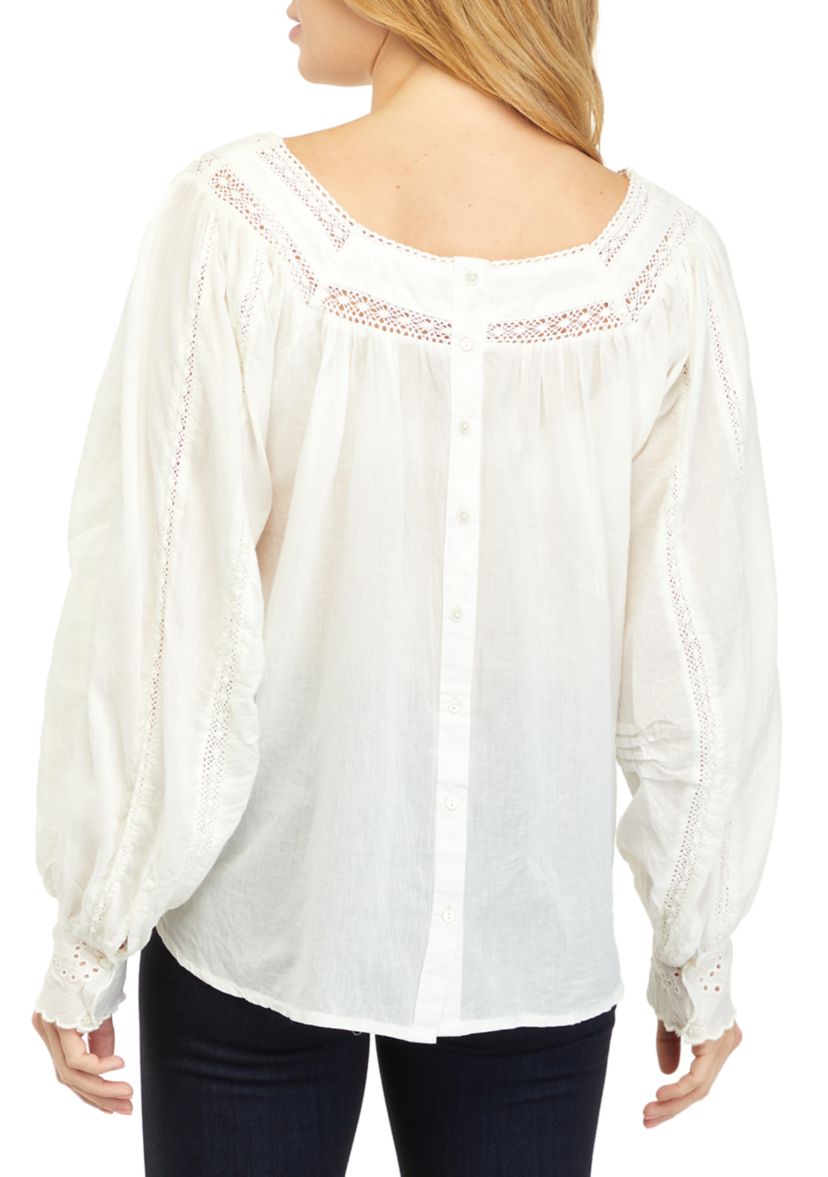 Womens Long Sleeve Square Neck Embroidered Blouse