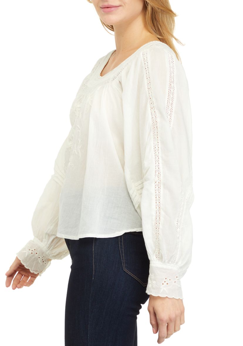 Womens Long Sleeve Square Neck Embroidered Blouse