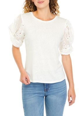 Women's Eyelet Puff Sleeve Knit Top