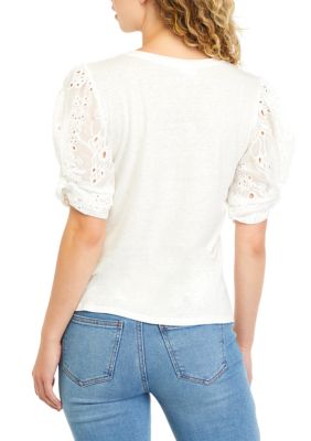 Women's Eyelet Puff Sleeve Knit Top