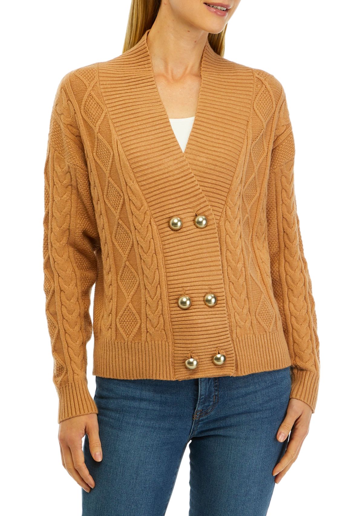 Womens Long Sleeve Double Breasted Cable Knit Cardigan