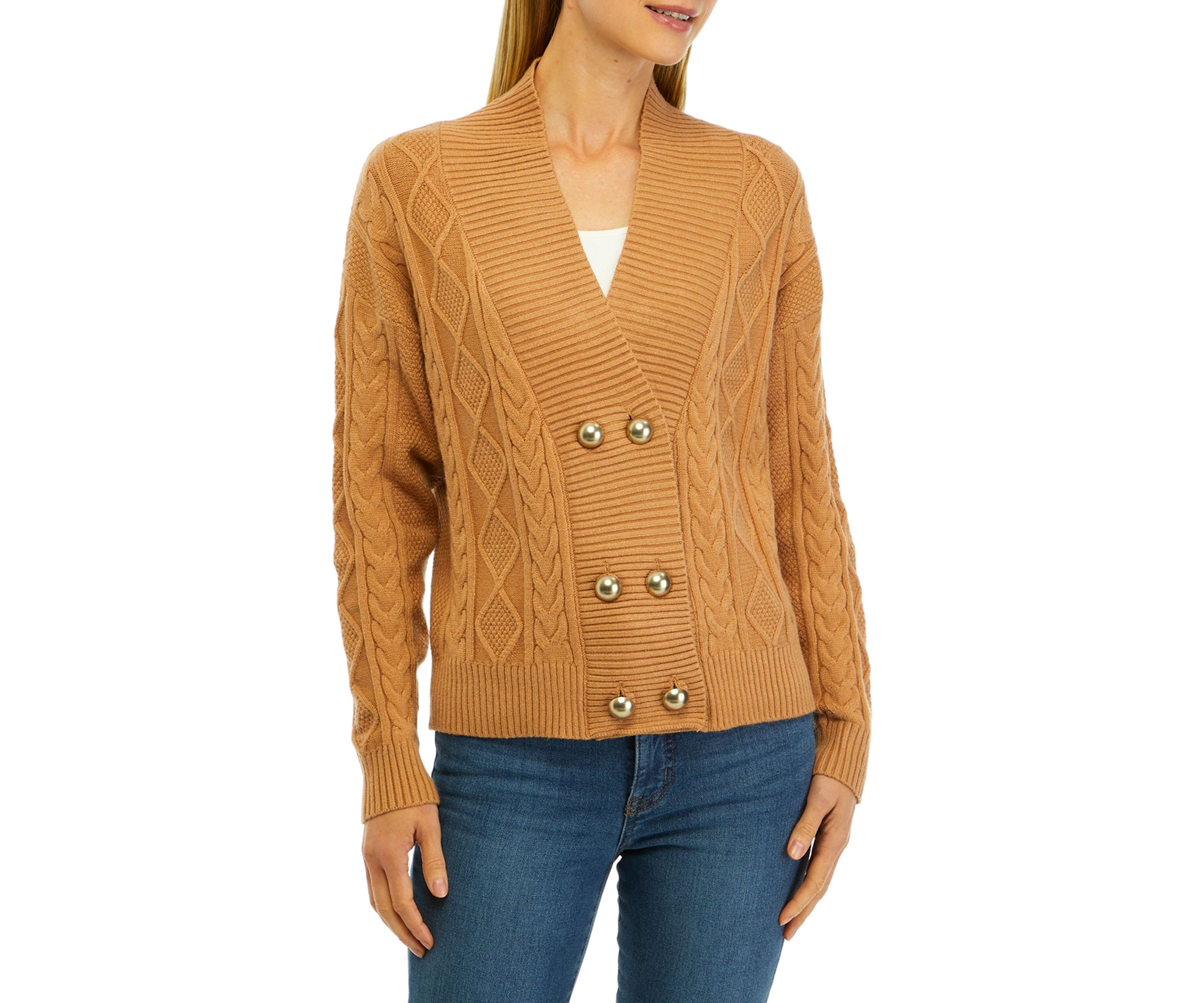 Womens Long Sleeve Double Breasted Cable Knit Cardigan