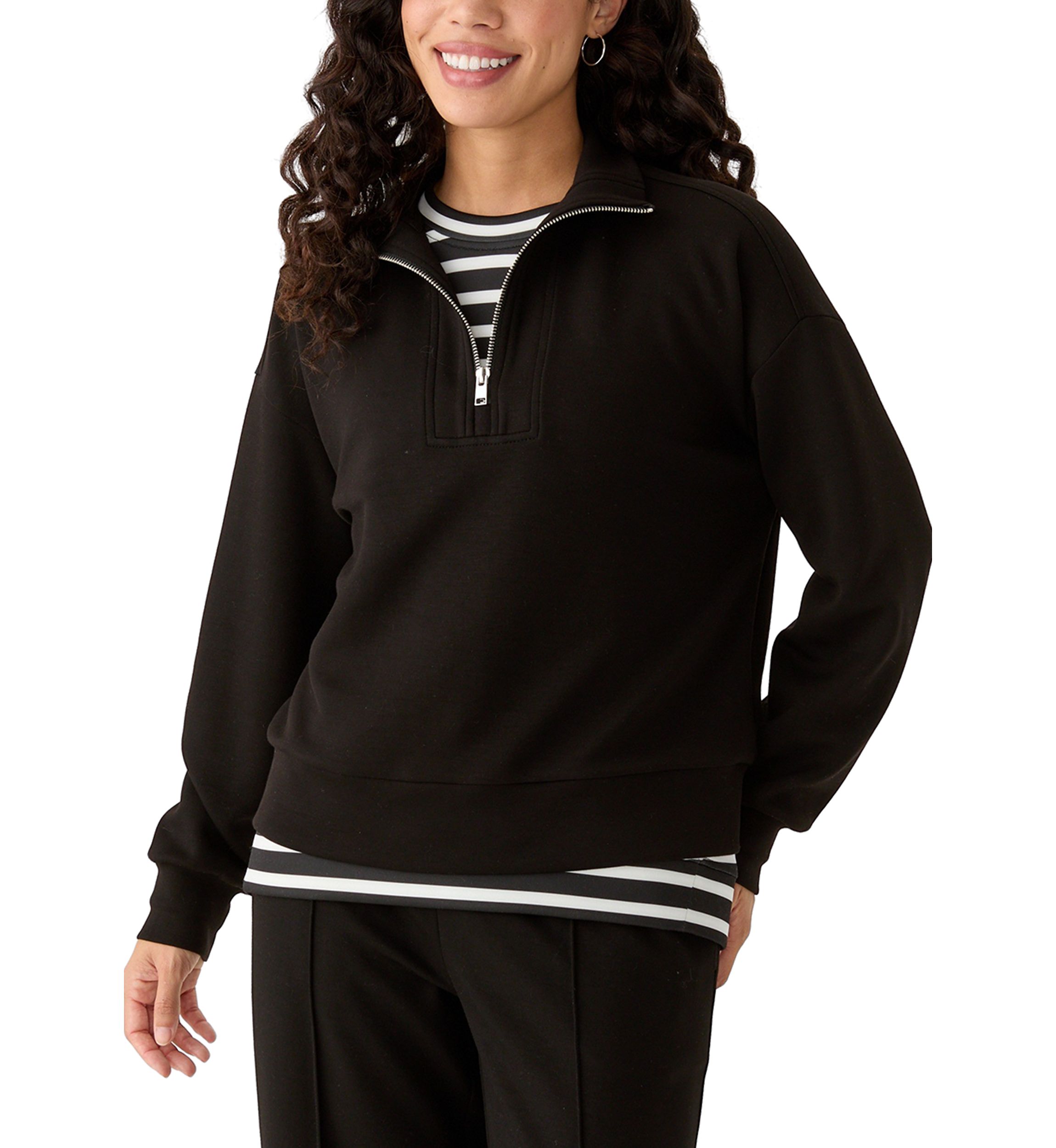 Petite Zip Drop Shoulder Top with Shirred Cuffs