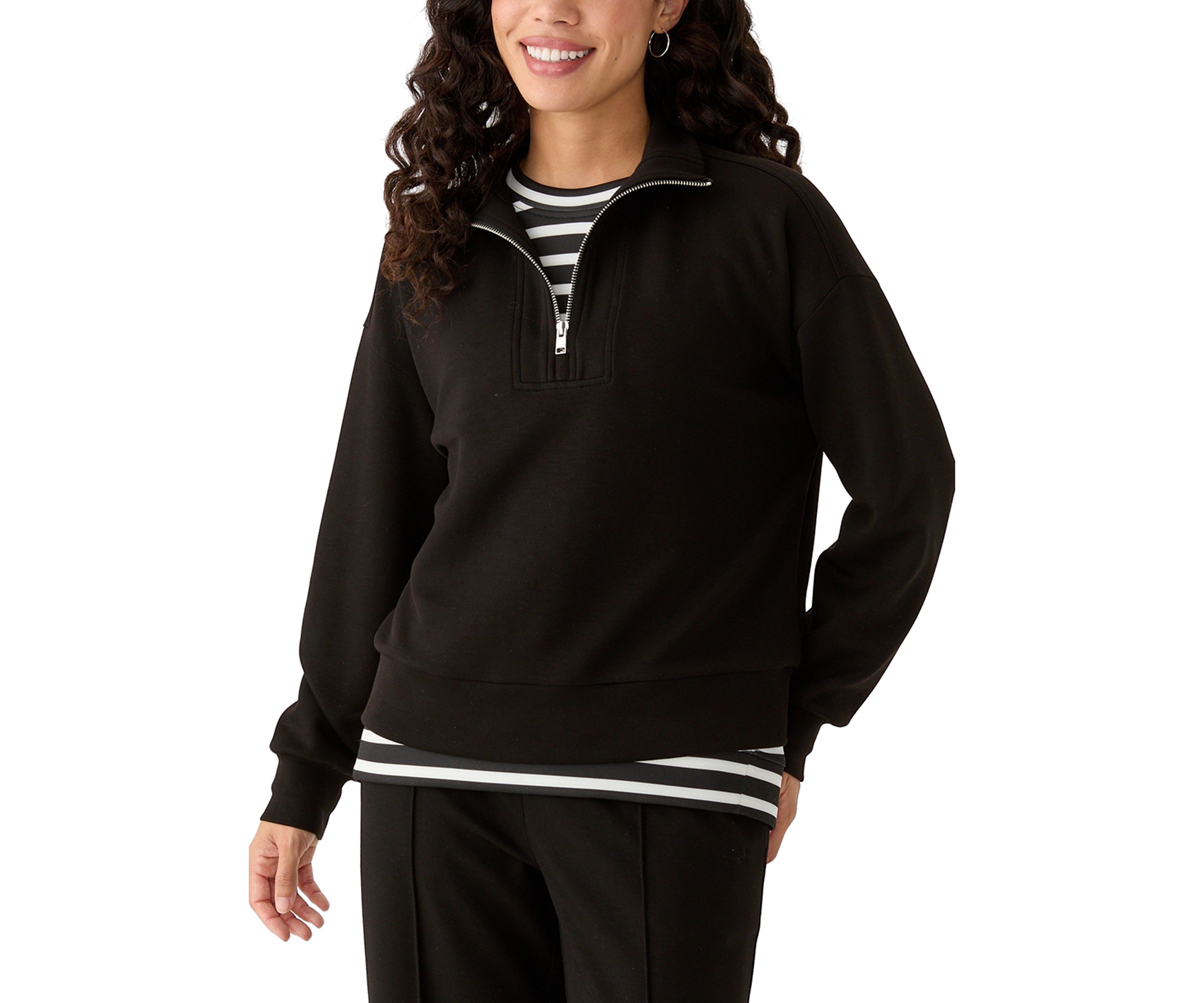 Petite Zip Drop Shoulder Top with Shirred Cuffs