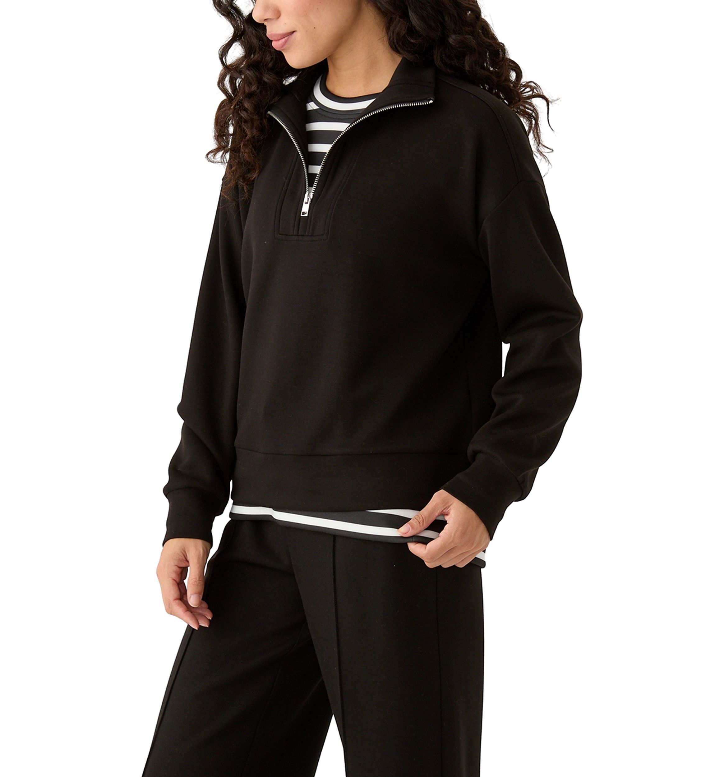 Petite Zip Drop Shoulder Top with Shirred Cuffs