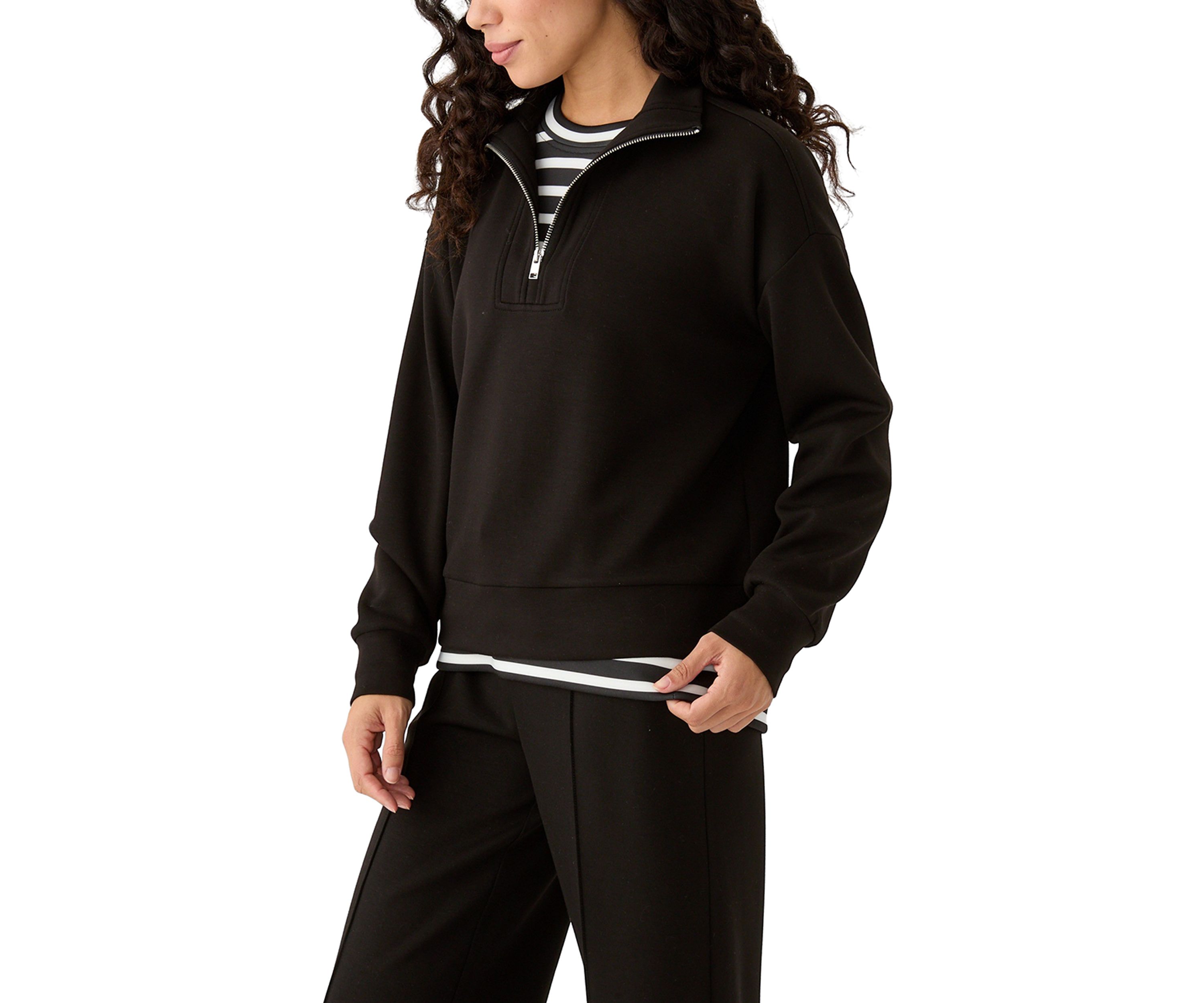 Petite Zip Drop Shoulder Top with Shirred Cuffs
