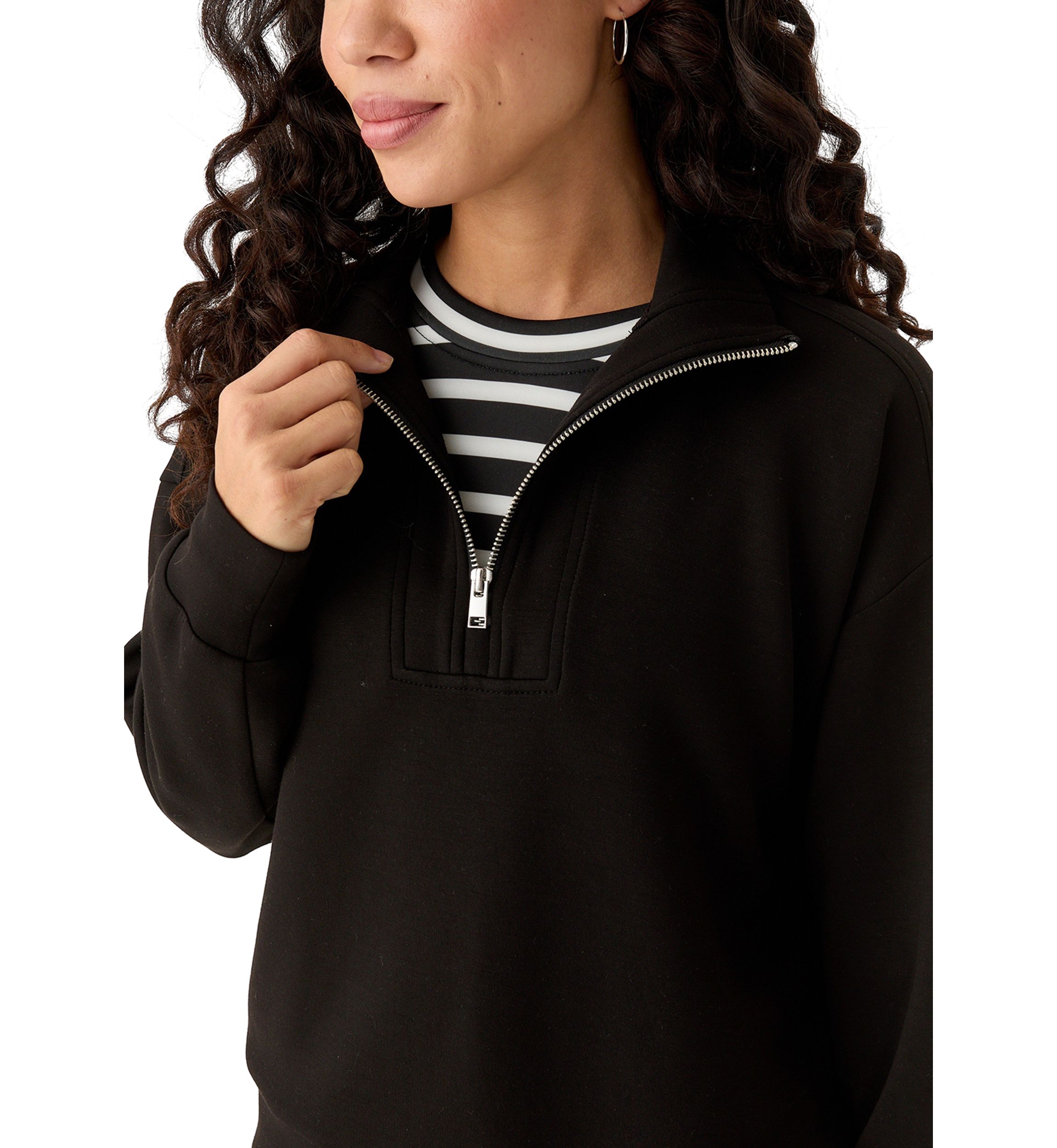 Petite Zip Drop Shoulder Top with Shirred Cuffs