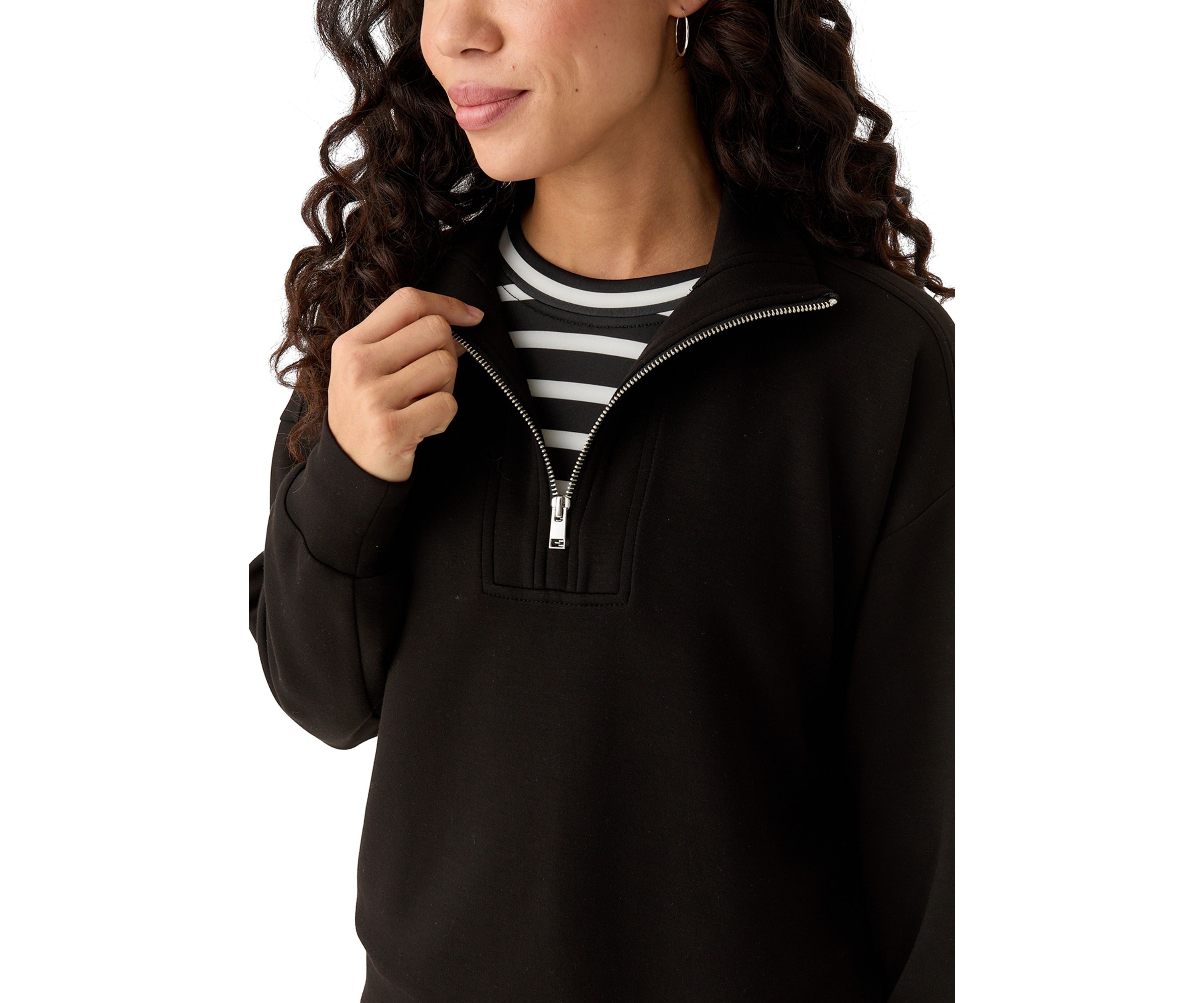 Petite Zip Drop Shoulder Top with Shirred Cuffs