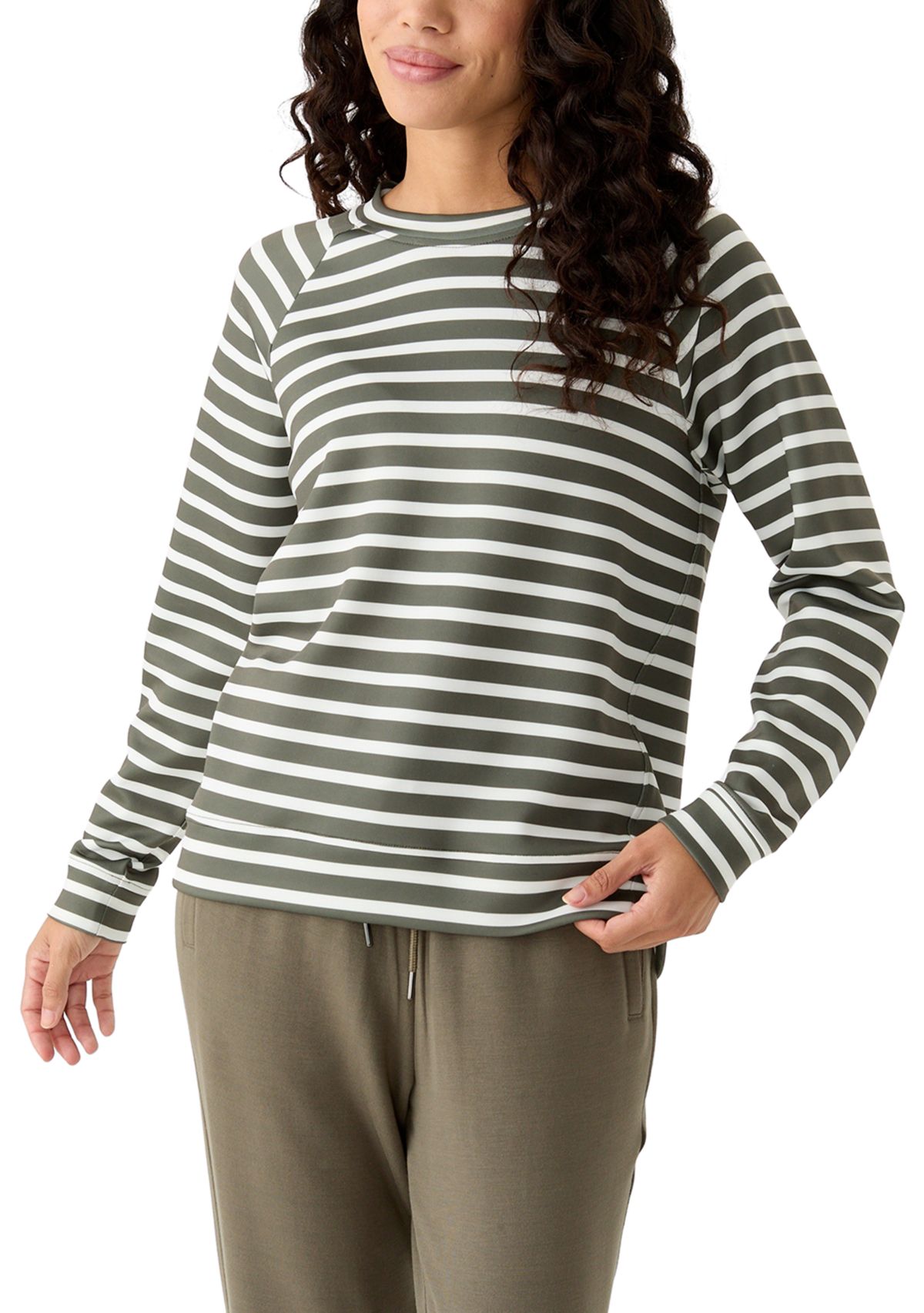 Petite Allover Stripes Long Raglan Sleeve Crew Neck Top with Front Forward Seam