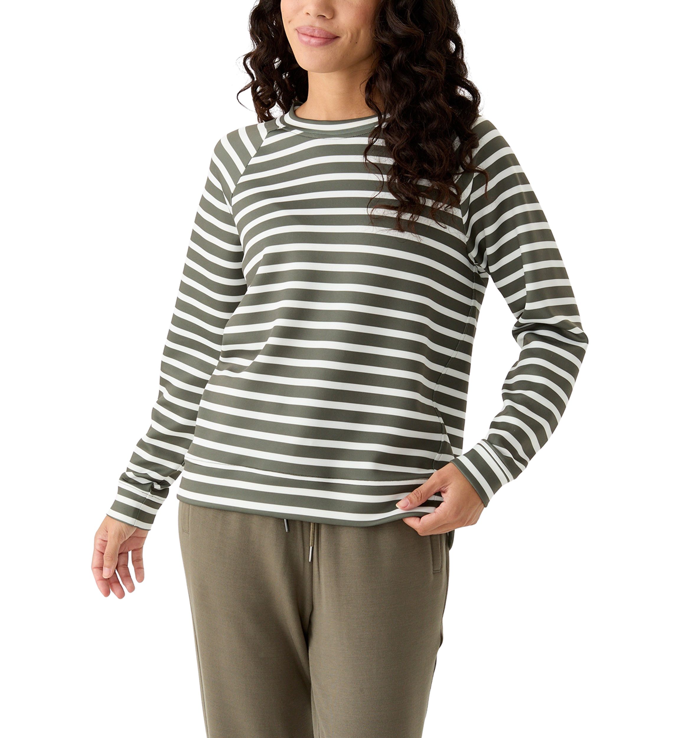 Petite Allover Stripes Long Raglan Sleeve Crew Neck Top with Front Forward Seam