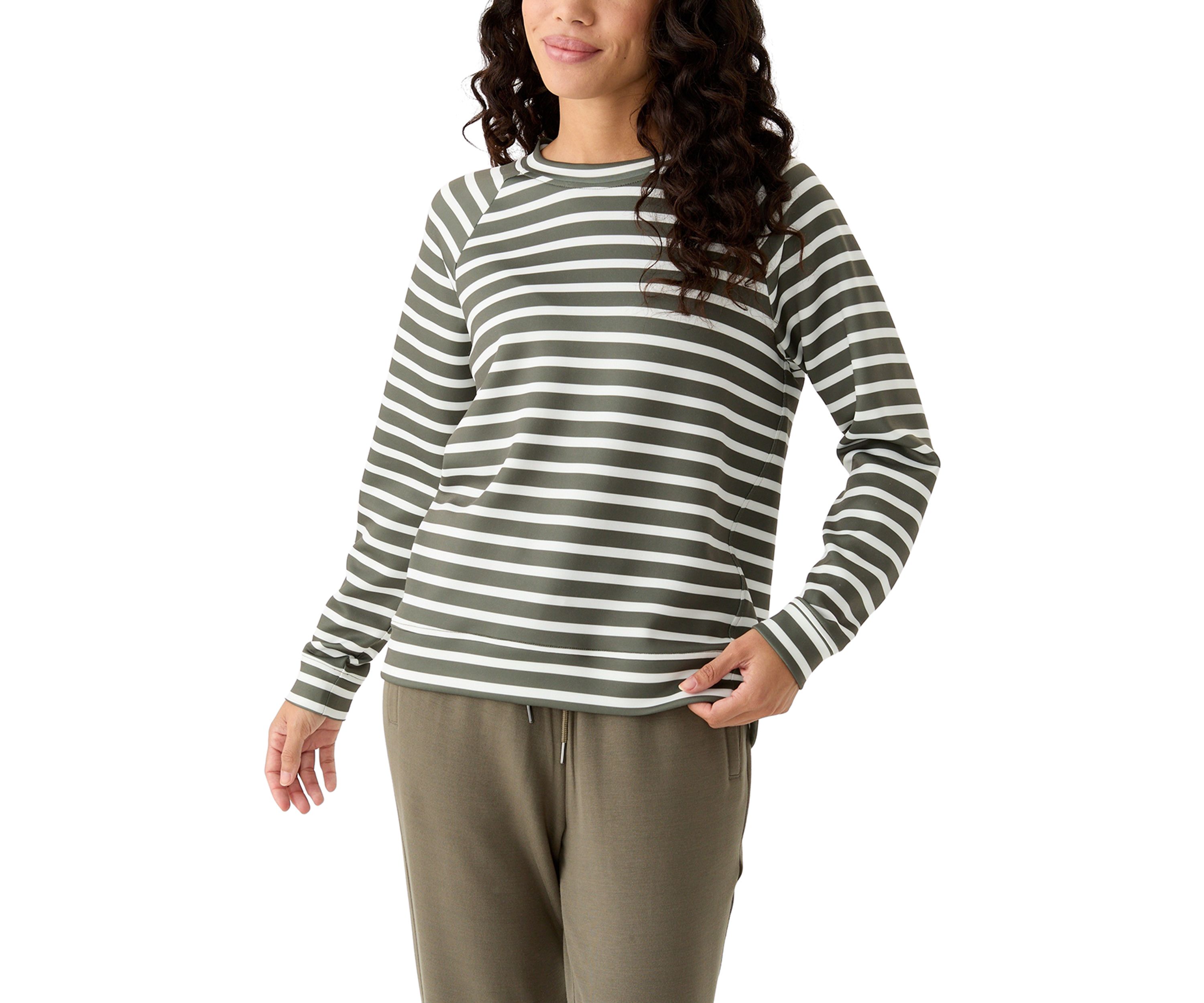 Petite Allover Stripes Long Raglan Sleeve Crew Neck Top with Front Forward Seam