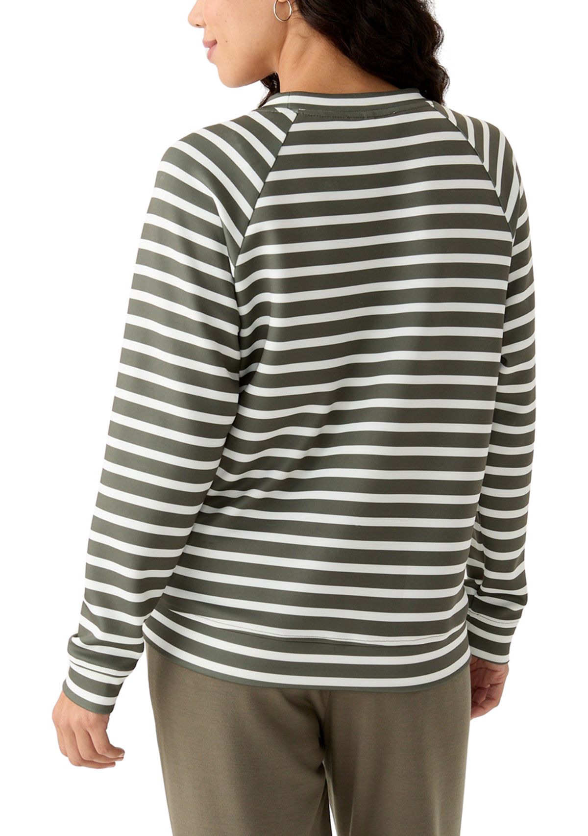 Petite Allover Stripes Long Raglan Sleeve Crew Neck Top with Front Forward Seam