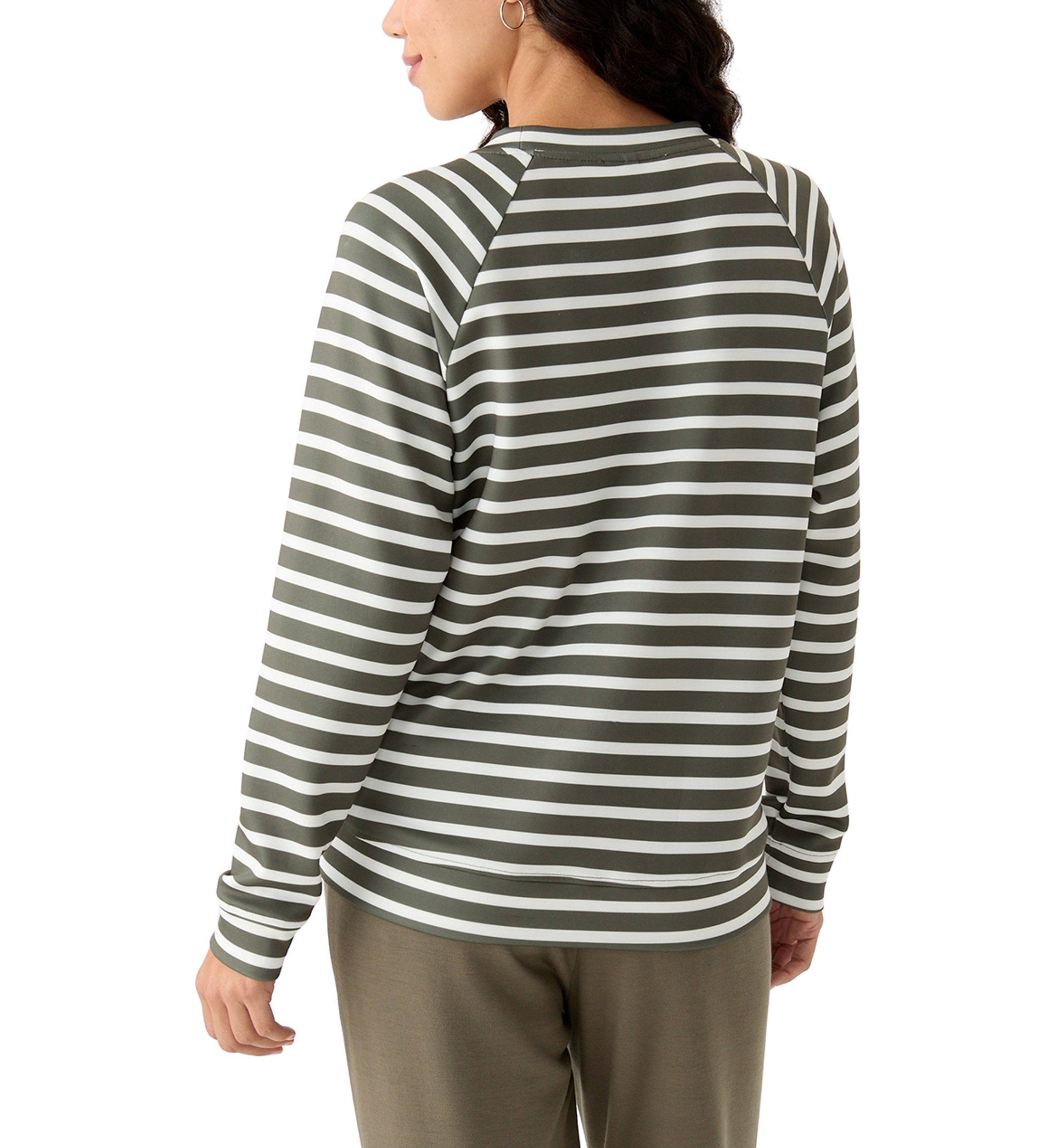 Petite Allover Stripes Long Raglan Sleeve Crew Neck Top with Front Forward Seam