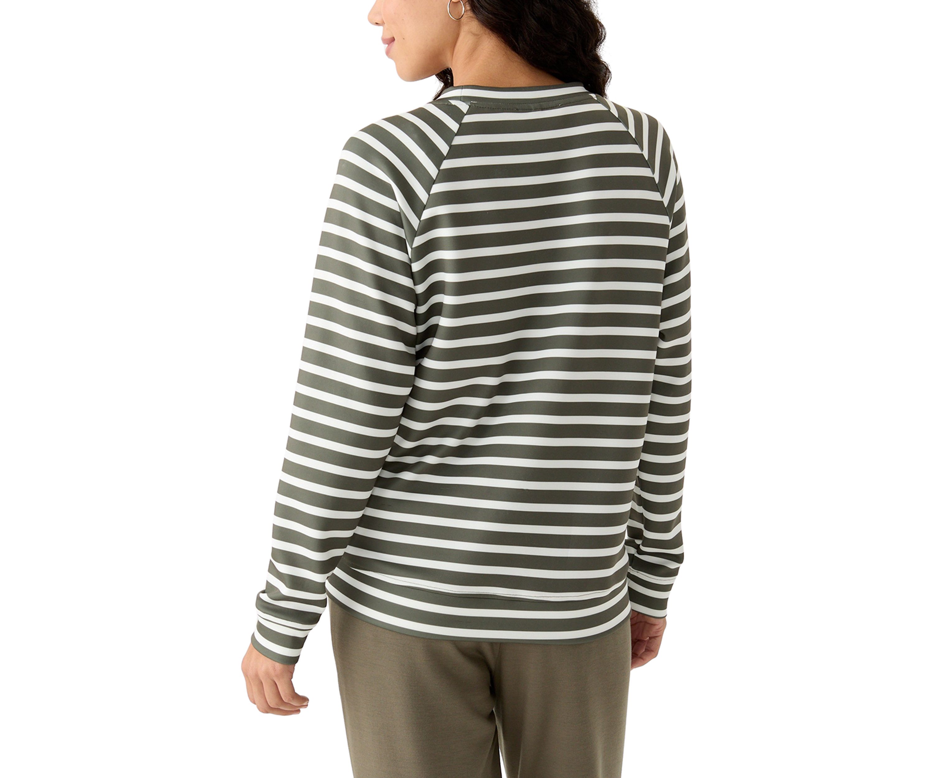 Petite Allover Stripes Long Raglan Sleeve Crew Neck Top with Front Forward Seam