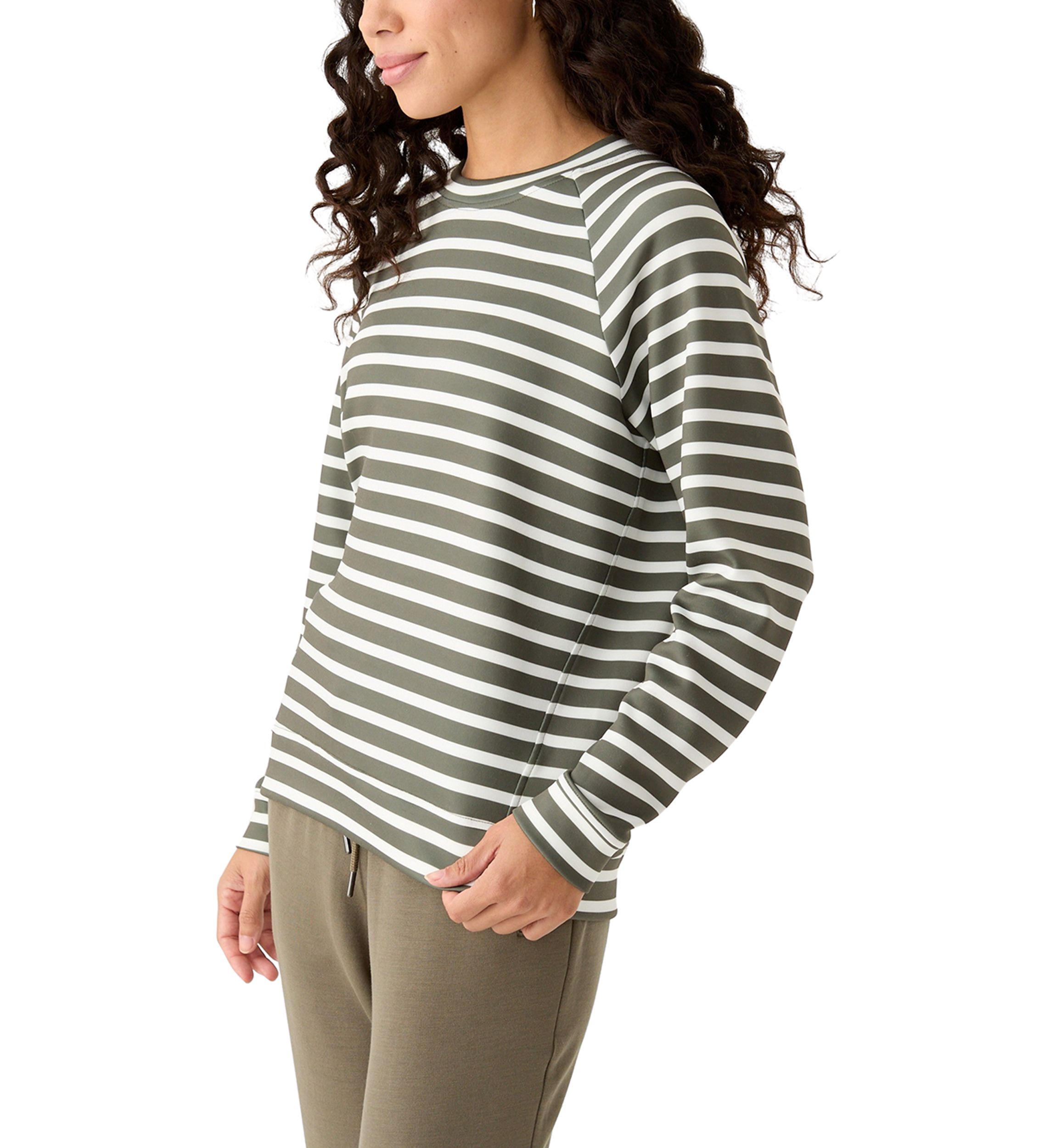 Petite Allover Stripes Long Raglan Sleeve Crew Neck Top with Front Forward Seam