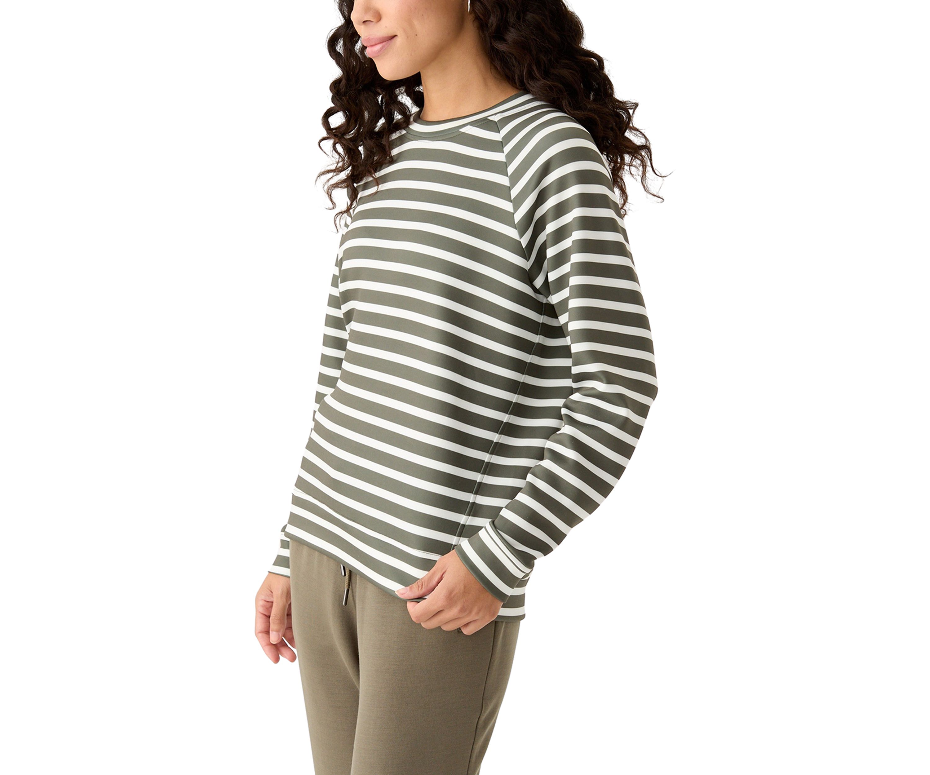 Petite Allover Stripes Long Raglan Sleeve Crew Neck Top with Front Forward Seam