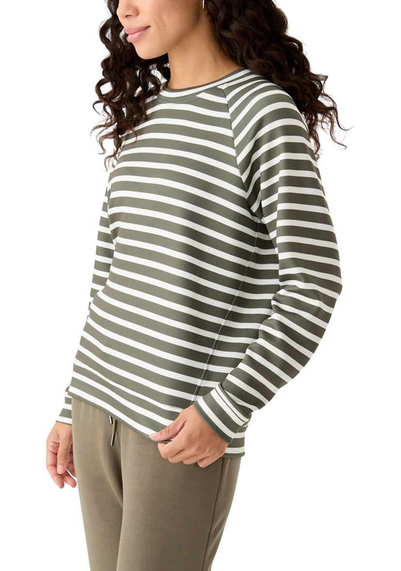 Petite Allover Stripes Long Raglan Sleeve Crew Neck Top with Front Forward Seam