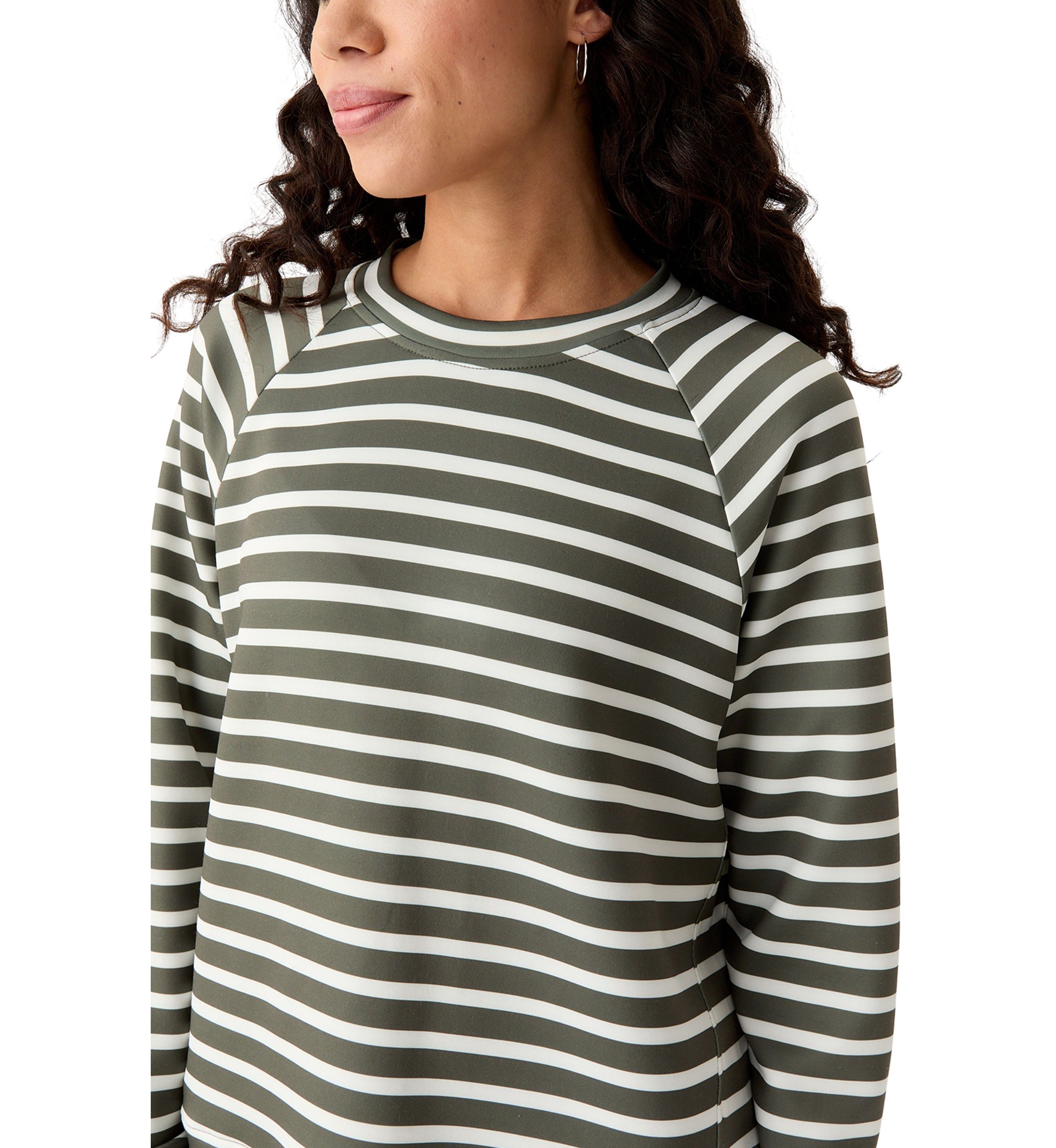 Petite Allover Stripes Long Raglan Sleeve Crew Neck Top with Front Forward Seam