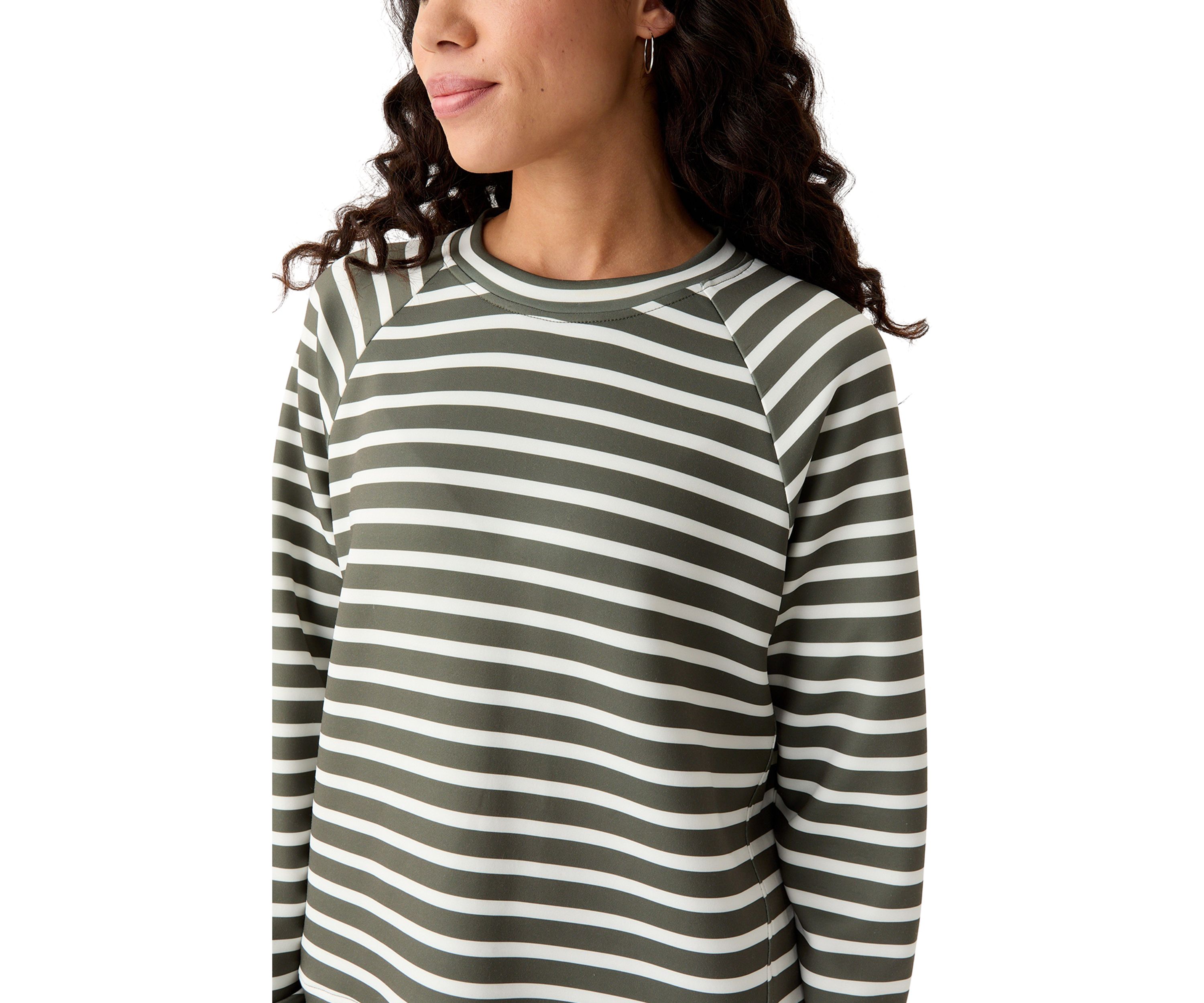 Petite Allover Stripes Long Raglan Sleeve Crew Neck Top with Front Forward Seam