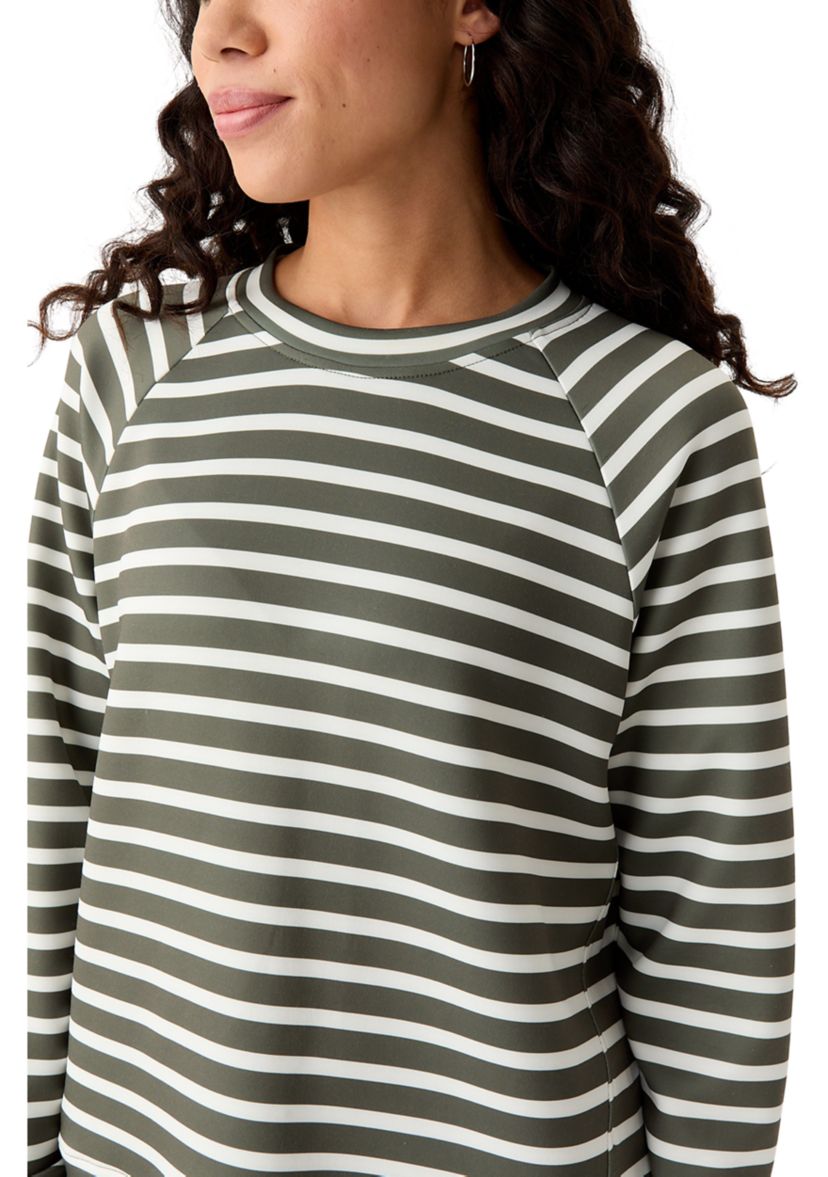 Petite Allover Stripes Long Raglan Sleeve Crew Neck Top with Front Forward Seam