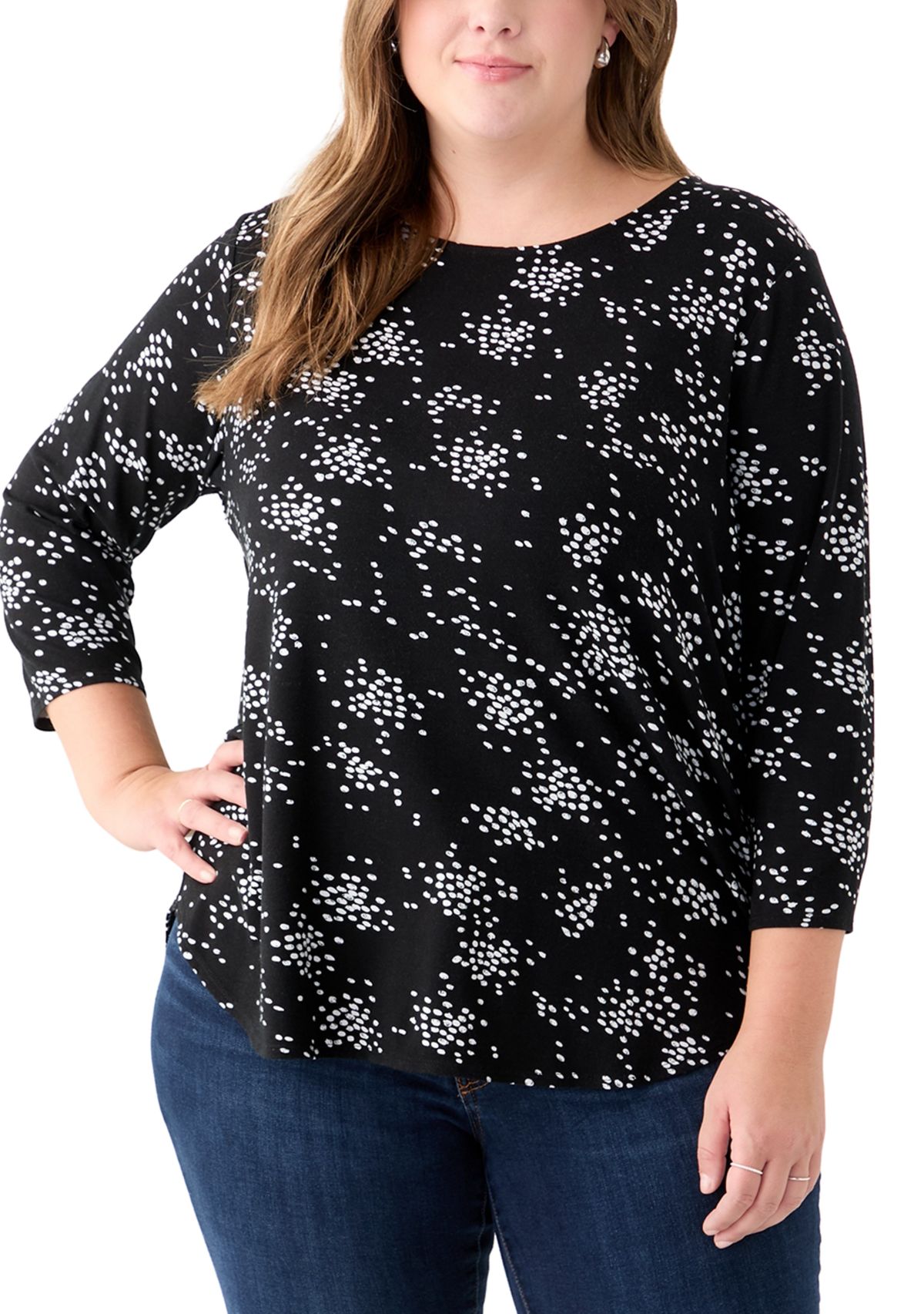Plus Size 3/4 Sleeve Crew Round Neck High-Low Shirt 