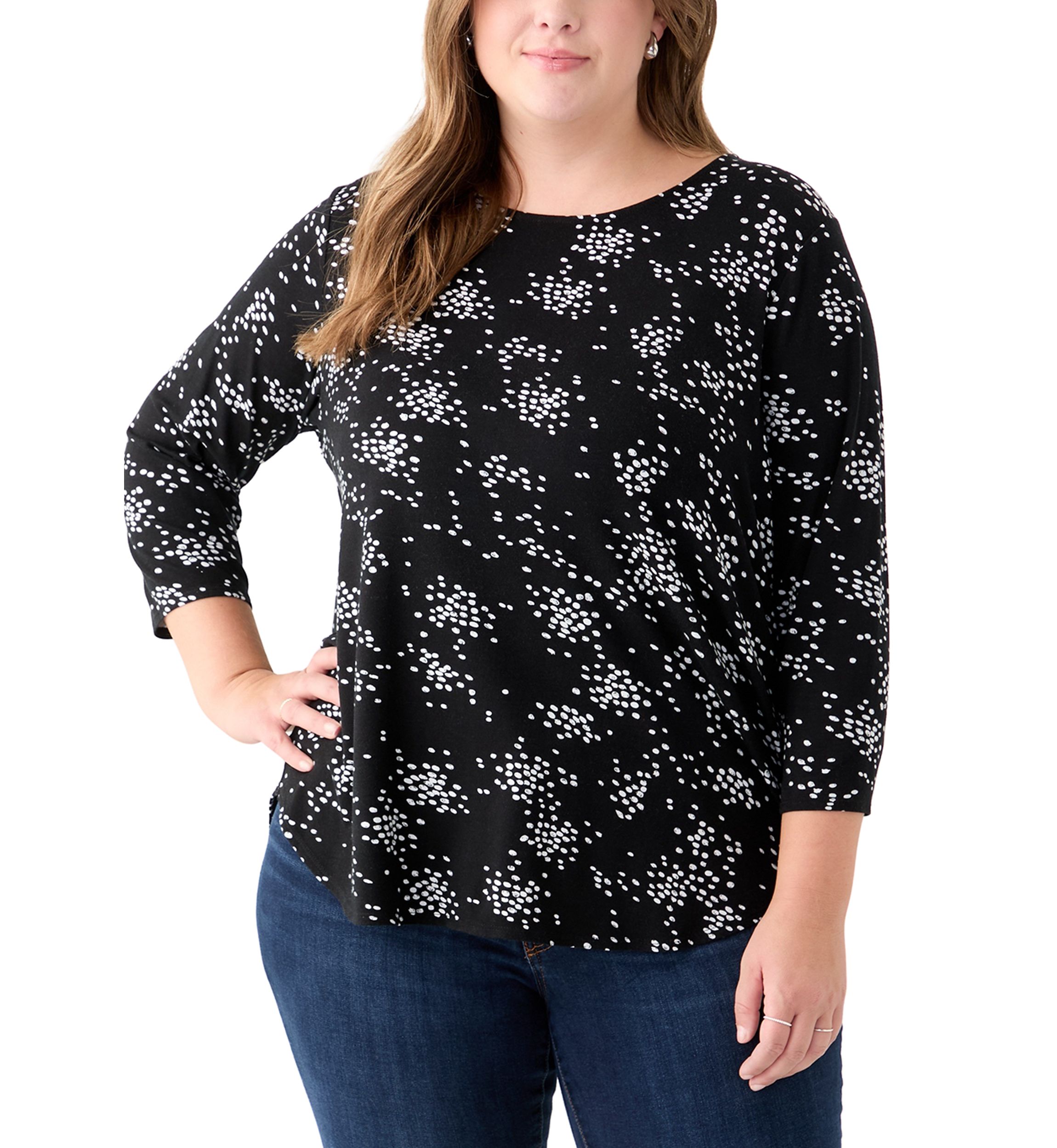 Plus Size 3/4 Sleeve Crew Round Neck High-Low Shirt 