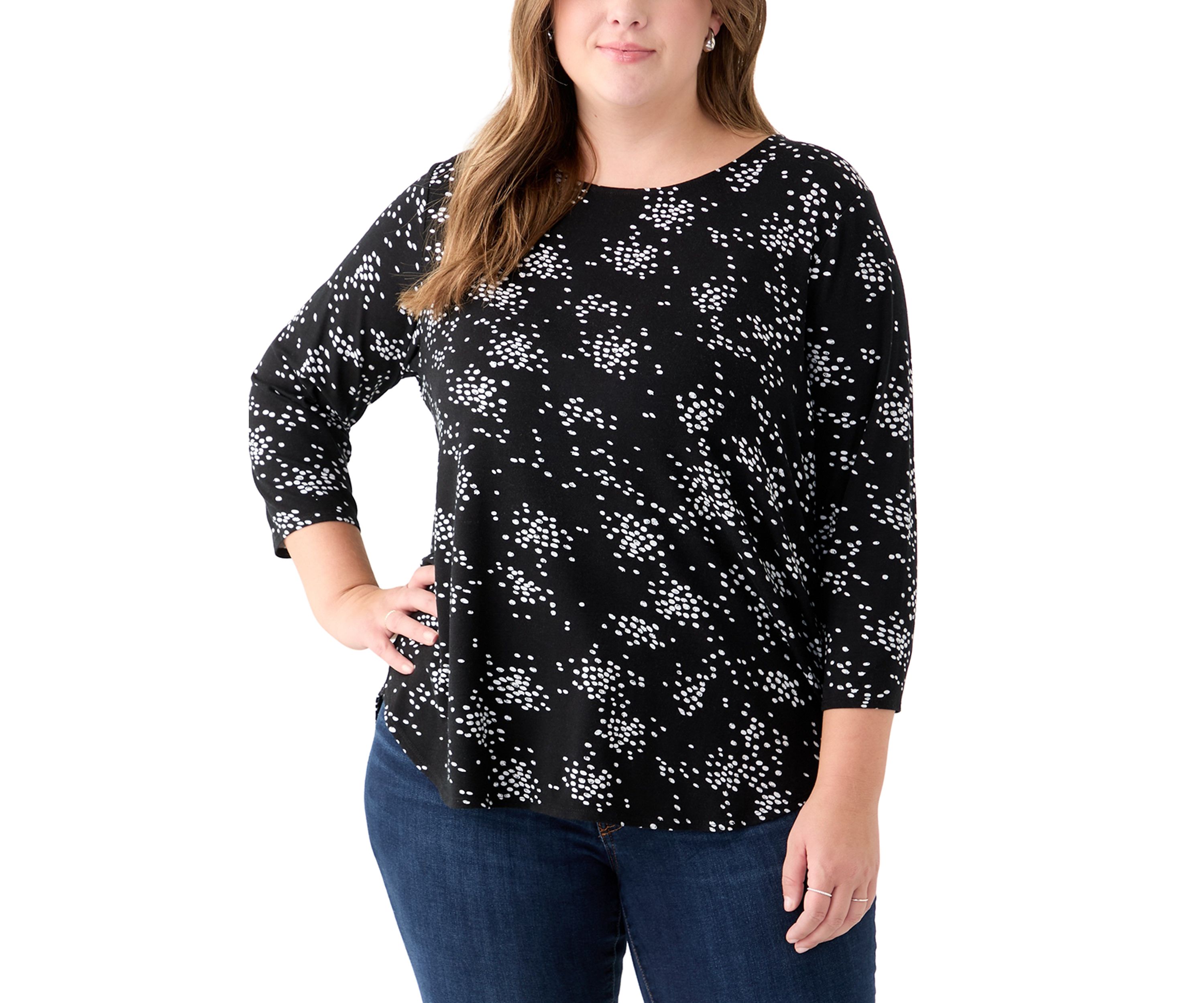 Plus Size 3/4 Sleeve Crew Round Neck High-Low Shirt 
