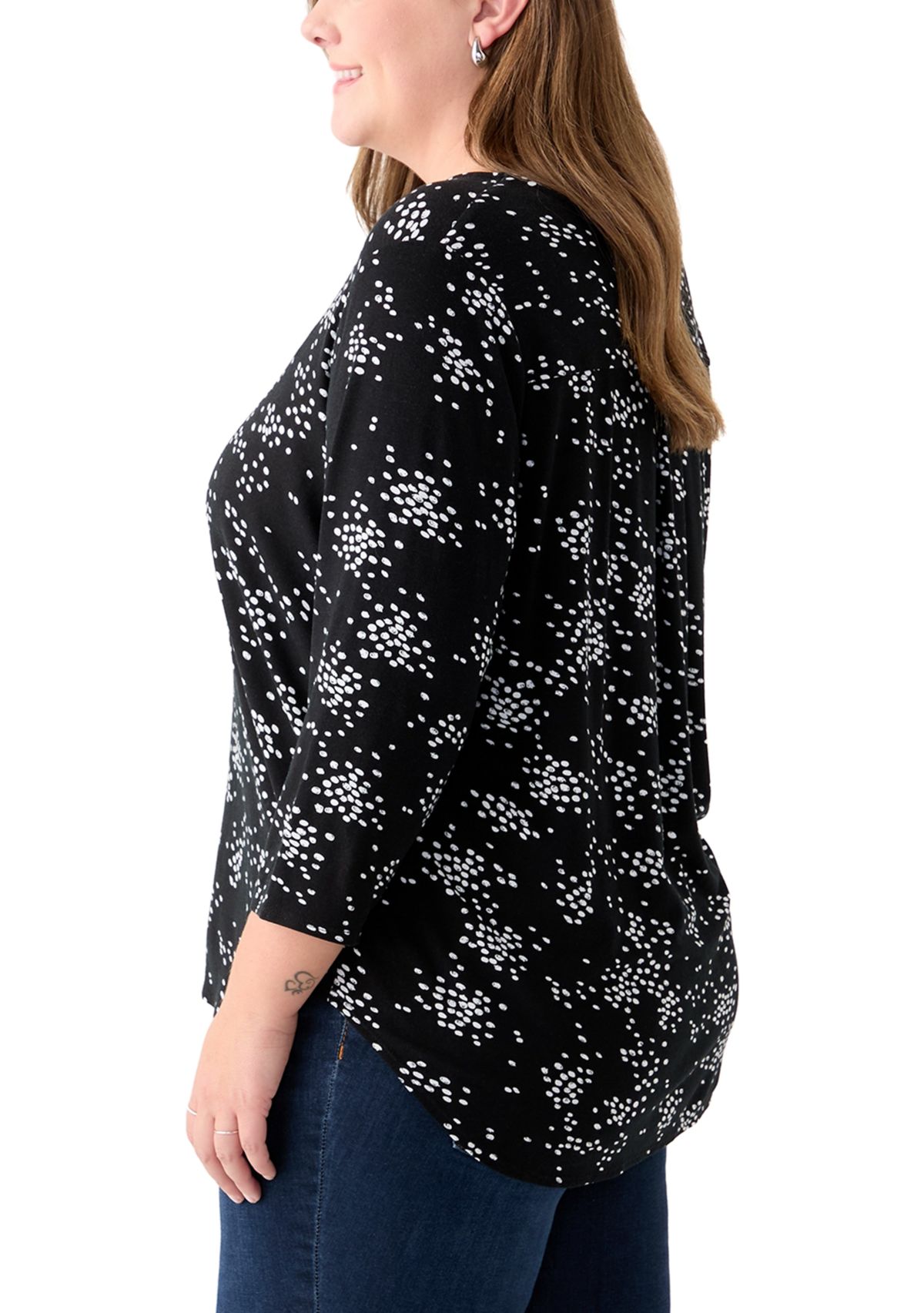 Plus Size 3/4 Sleeve Crew Round Neck High-Low Shirt 