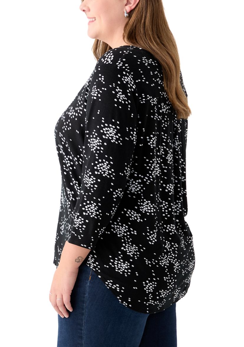 Plus Size 3/4 Sleeve Crew Round Neck High-Low Shirt 