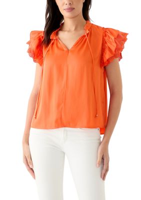 MUSE Republic Clothing Women's Short Sleeve Airflow Tie Neck Blouse, Small