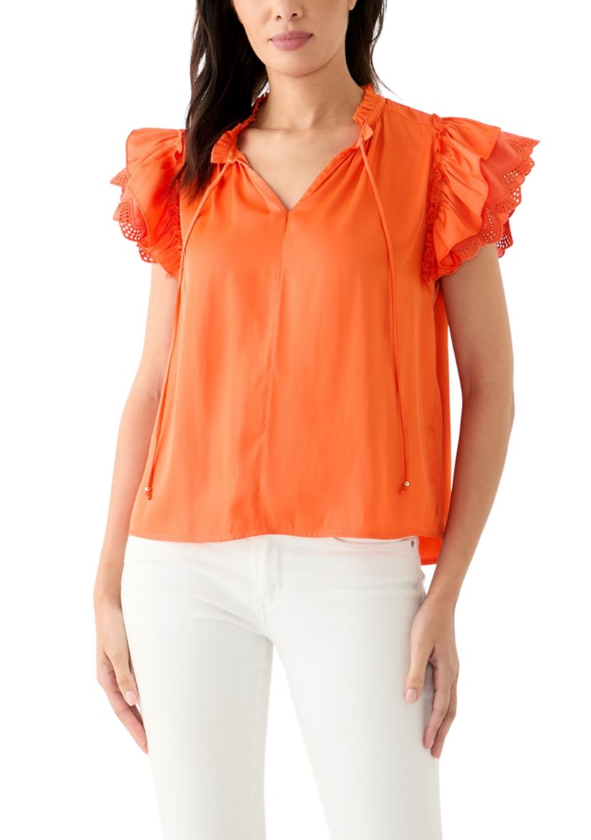 Womens Short Sleeve Airflow Tie Neck Blouse