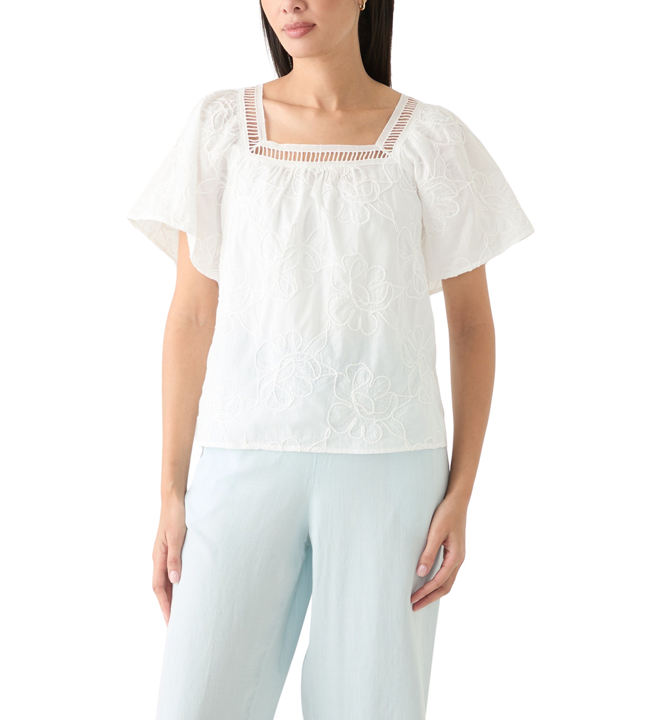 Womens Short Sleeve Square Neck Embroidered Top