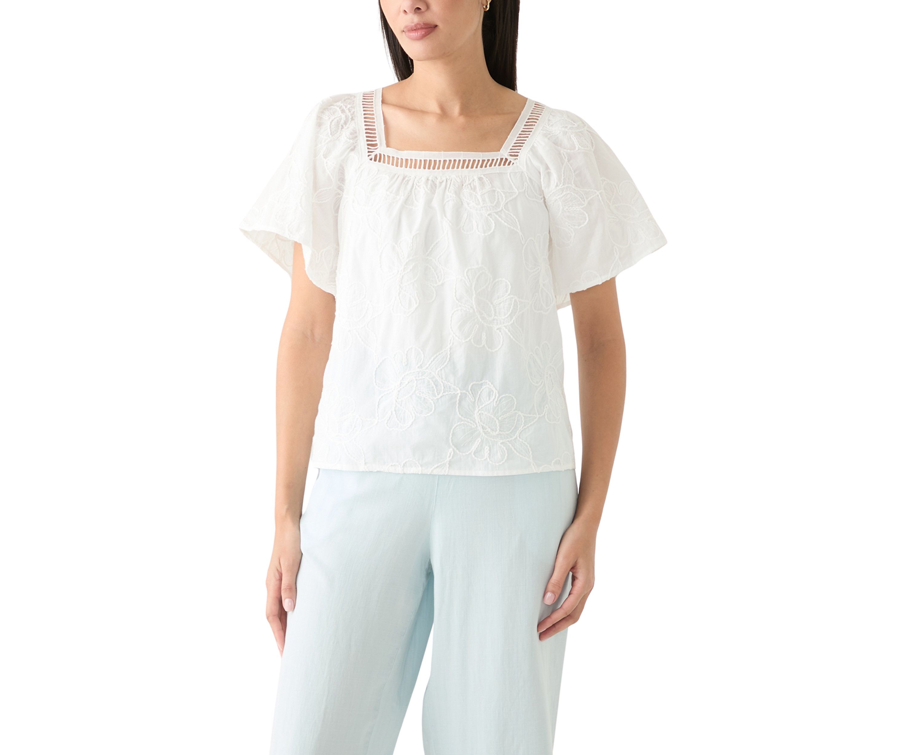 Womens Short Sleeve Square Neck Embroidered Top
