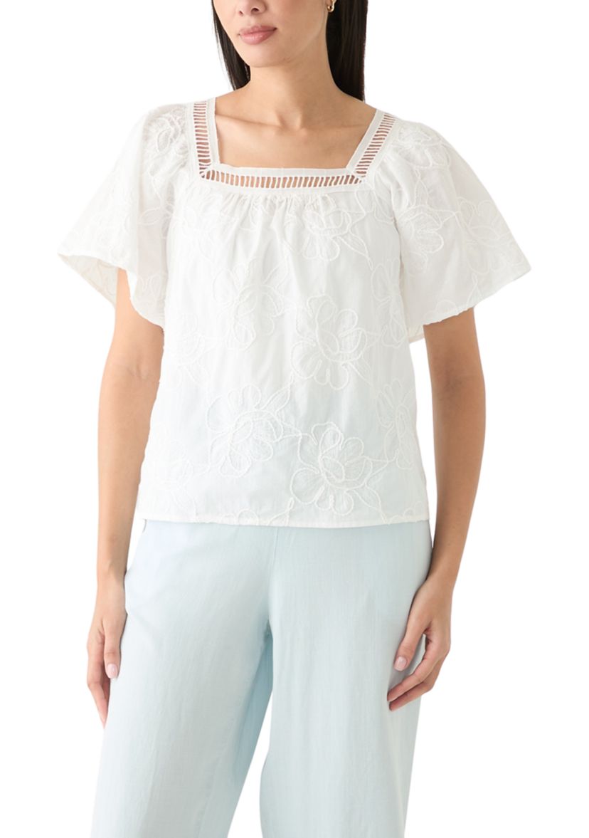 Womens Short Sleeve Square Neck Embroidered Top