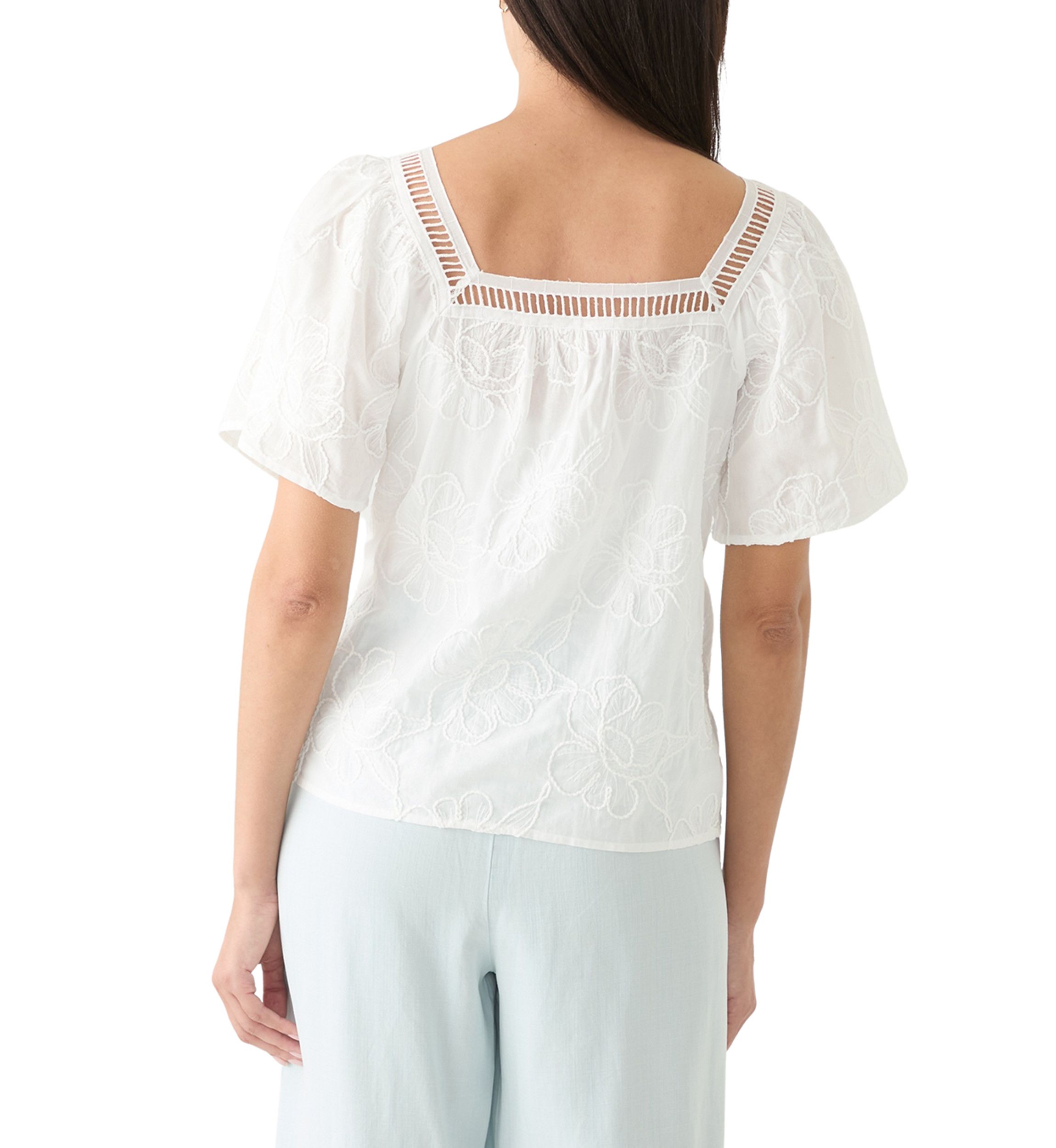 Womens Short Sleeve Square Neck Embroidered Top
