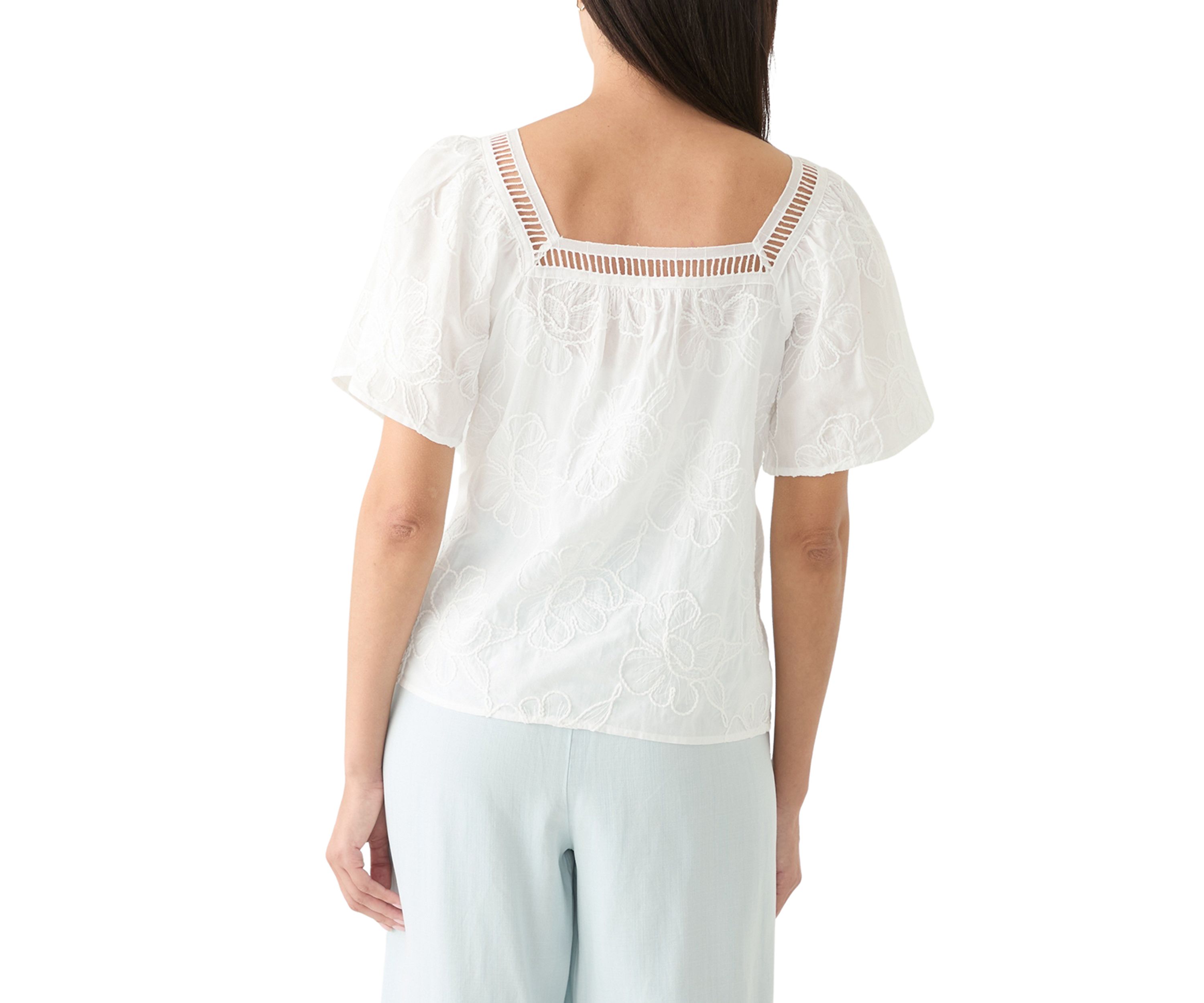 Womens Short Sleeve Square Neck Embroidered Top