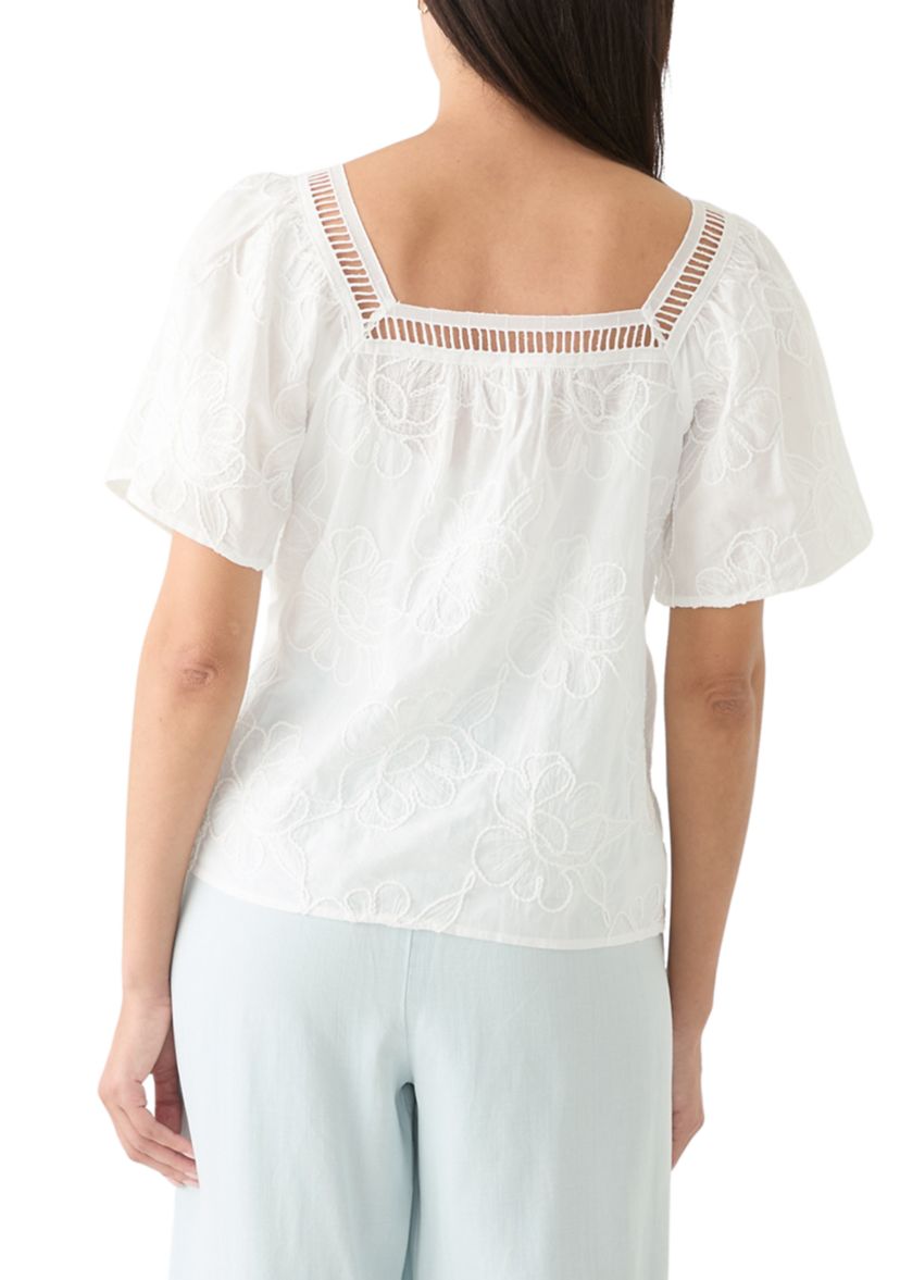 Womens Short Sleeve Square Neck Embroidered Top