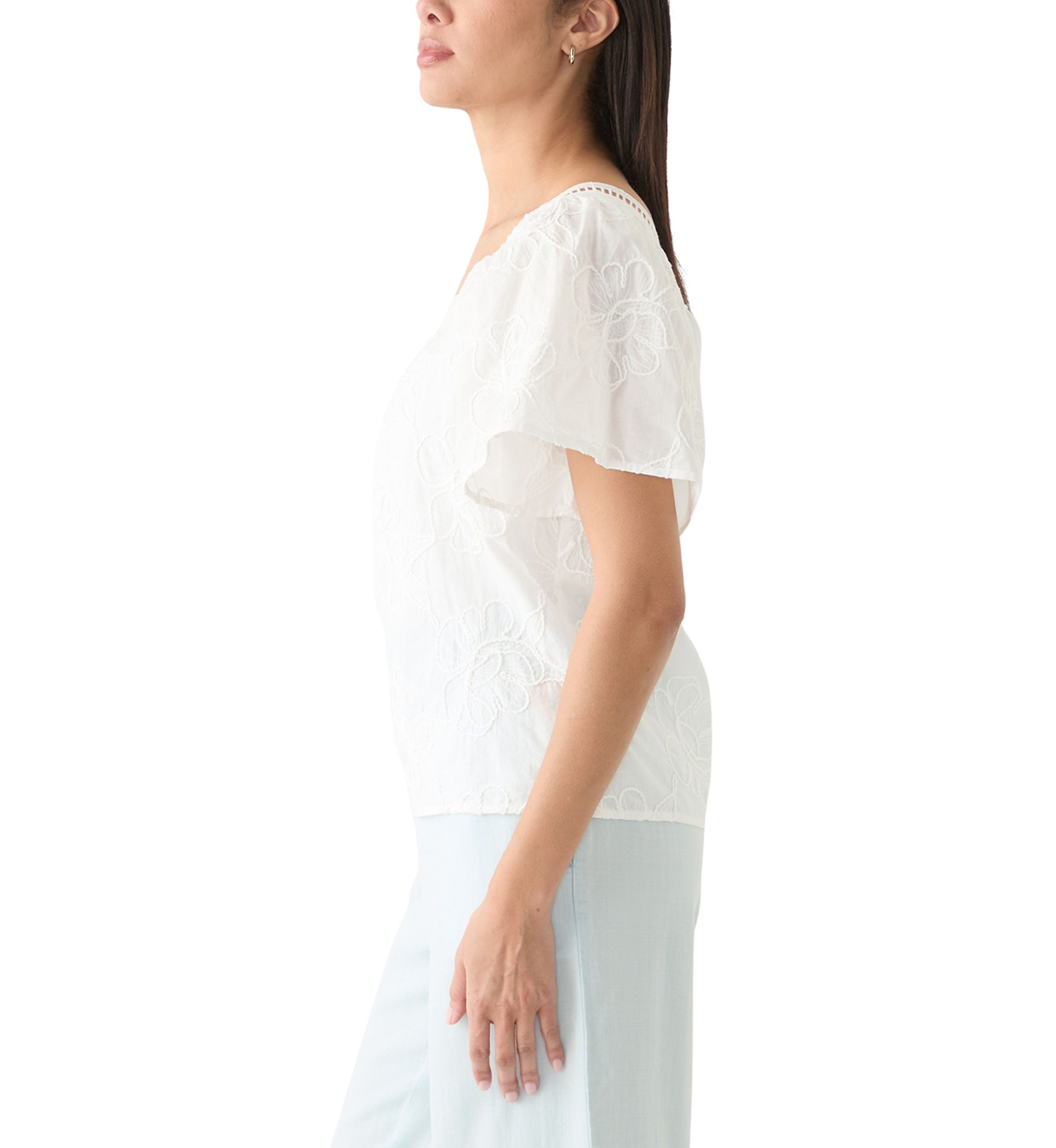 Womens Short Sleeve Square Neck Embroidered Top