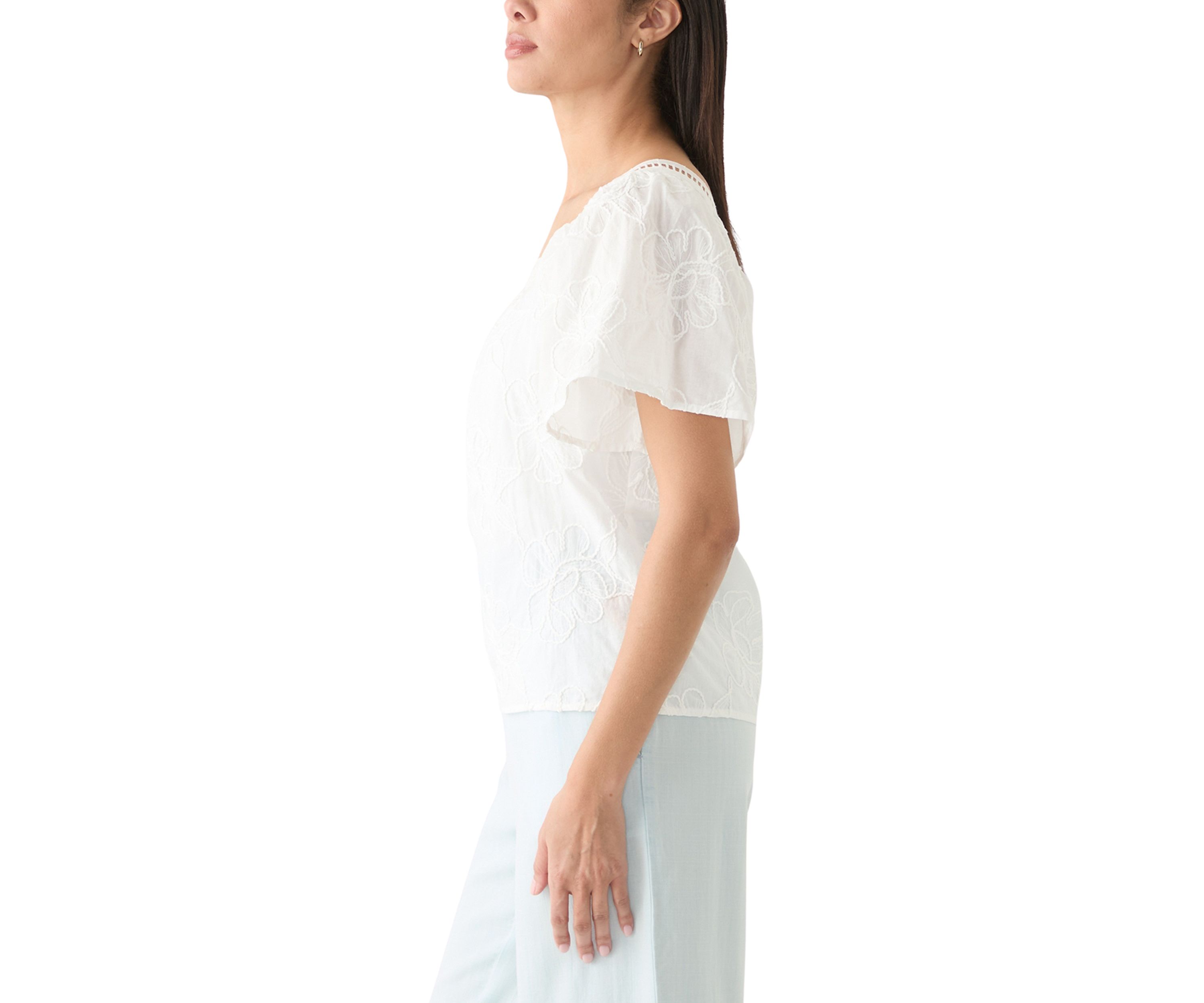 Womens Short Sleeve Square Neck Embroidered Top