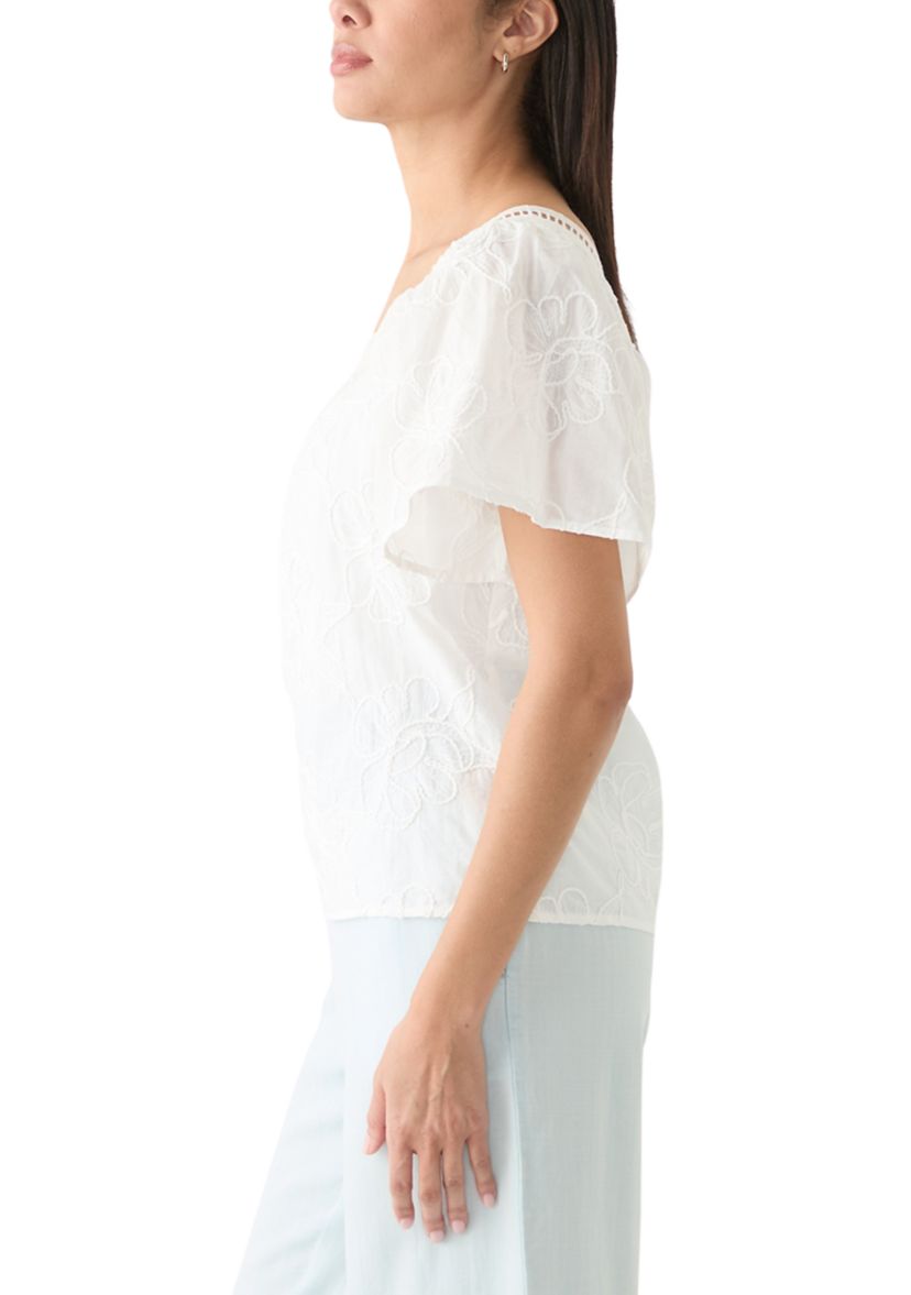 Womens Short Sleeve Square Neck Embroidered Top