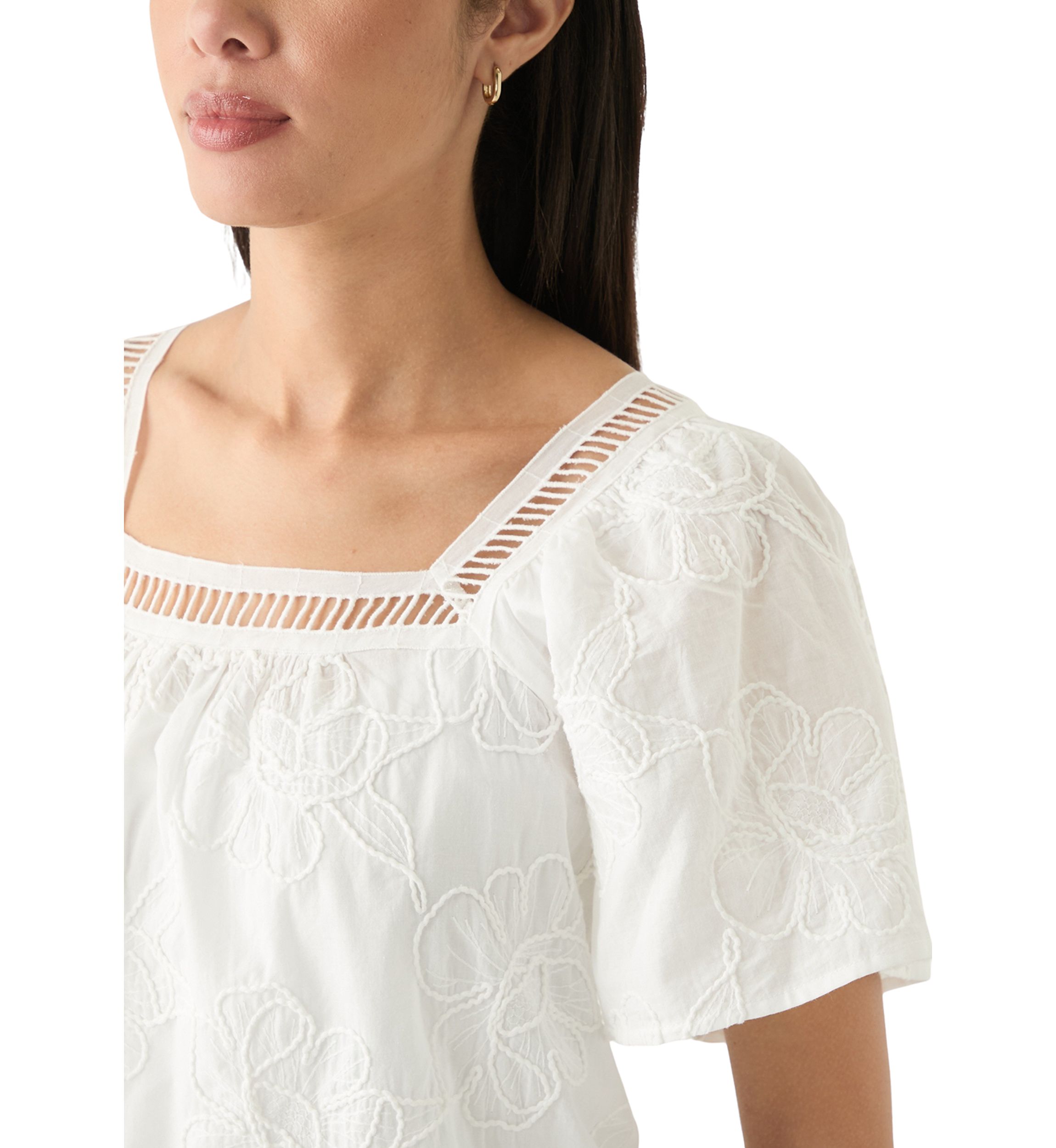 Womens Short Sleeve Square Neck Embroidered Top