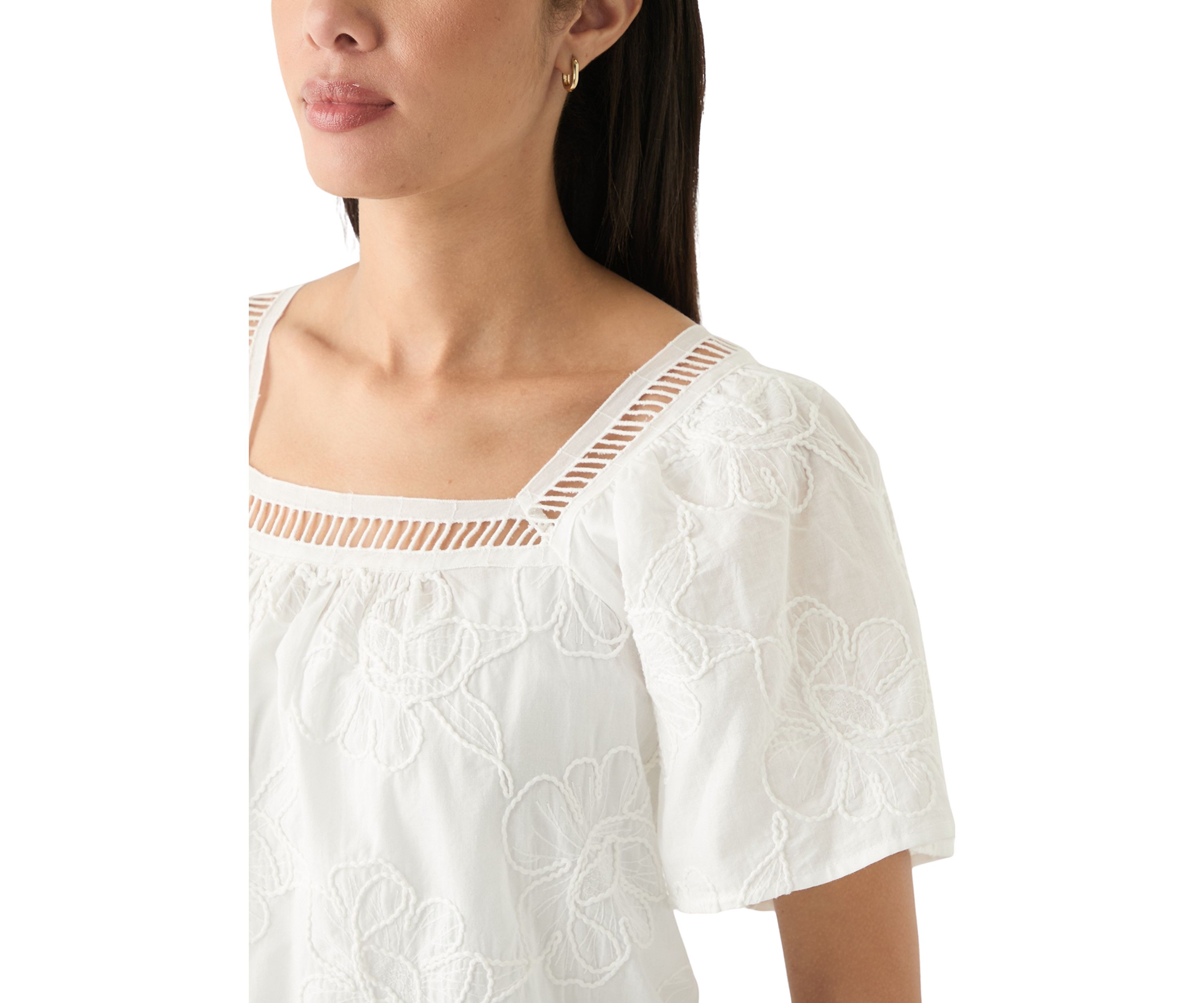 Womens Short Sleeve Square Neck Embroidered Top