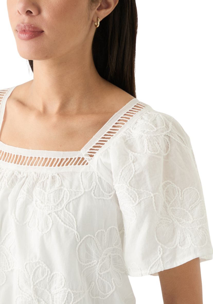Womens Short Sleeve Square Neck Embroidered Top