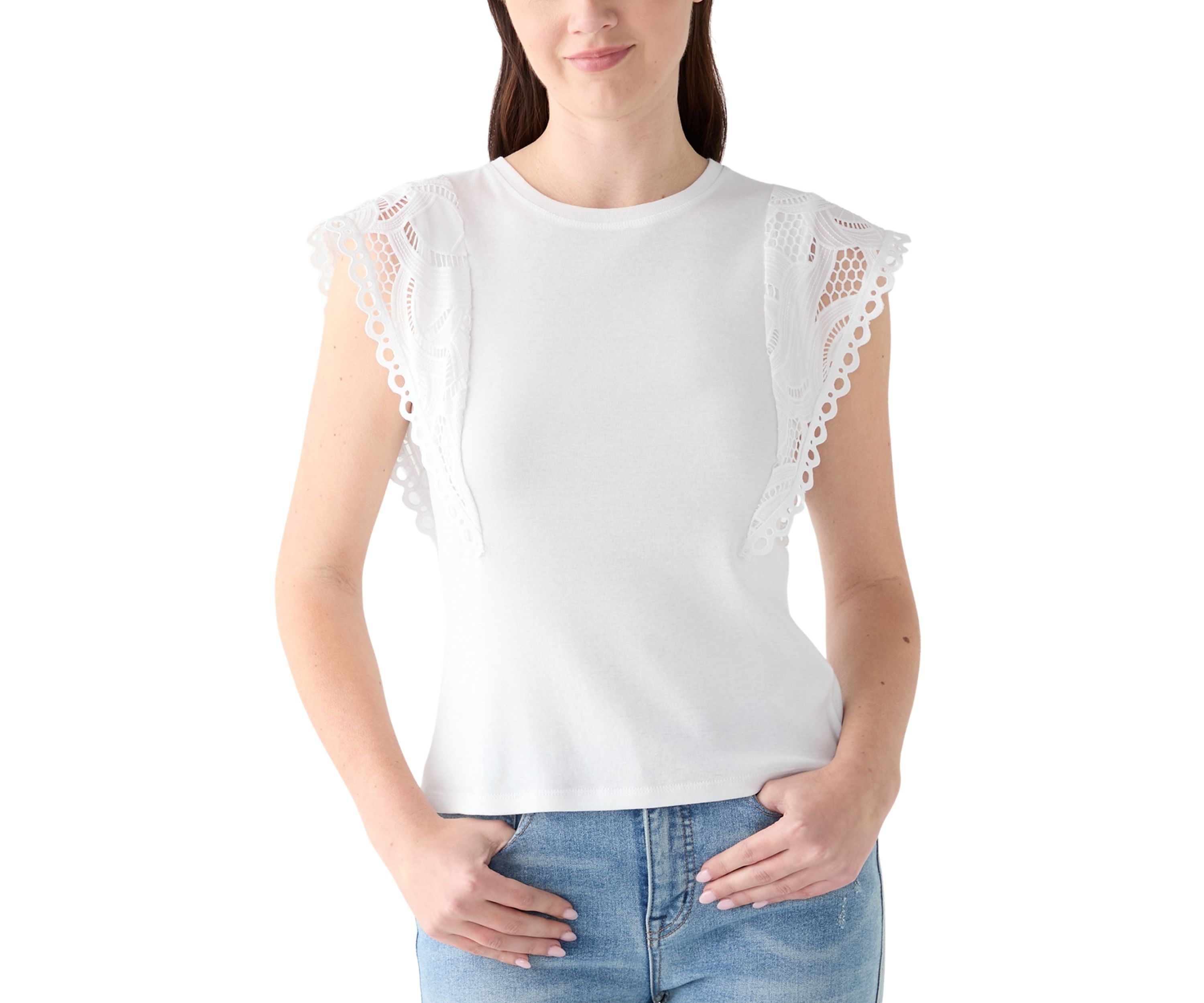 Womens Short Lace Sleeve Crew Neck Knit Top