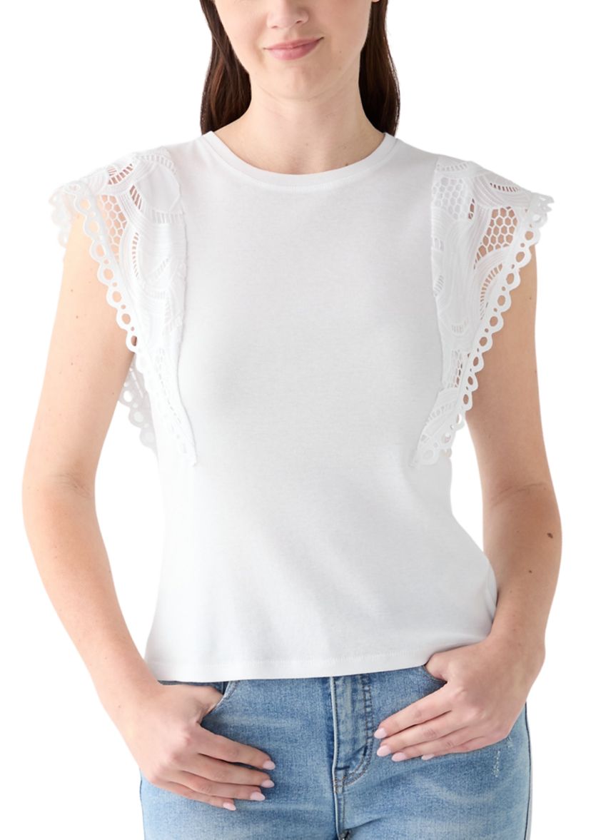 Womens Short Lace Sleeve Crew Neck Knit Top