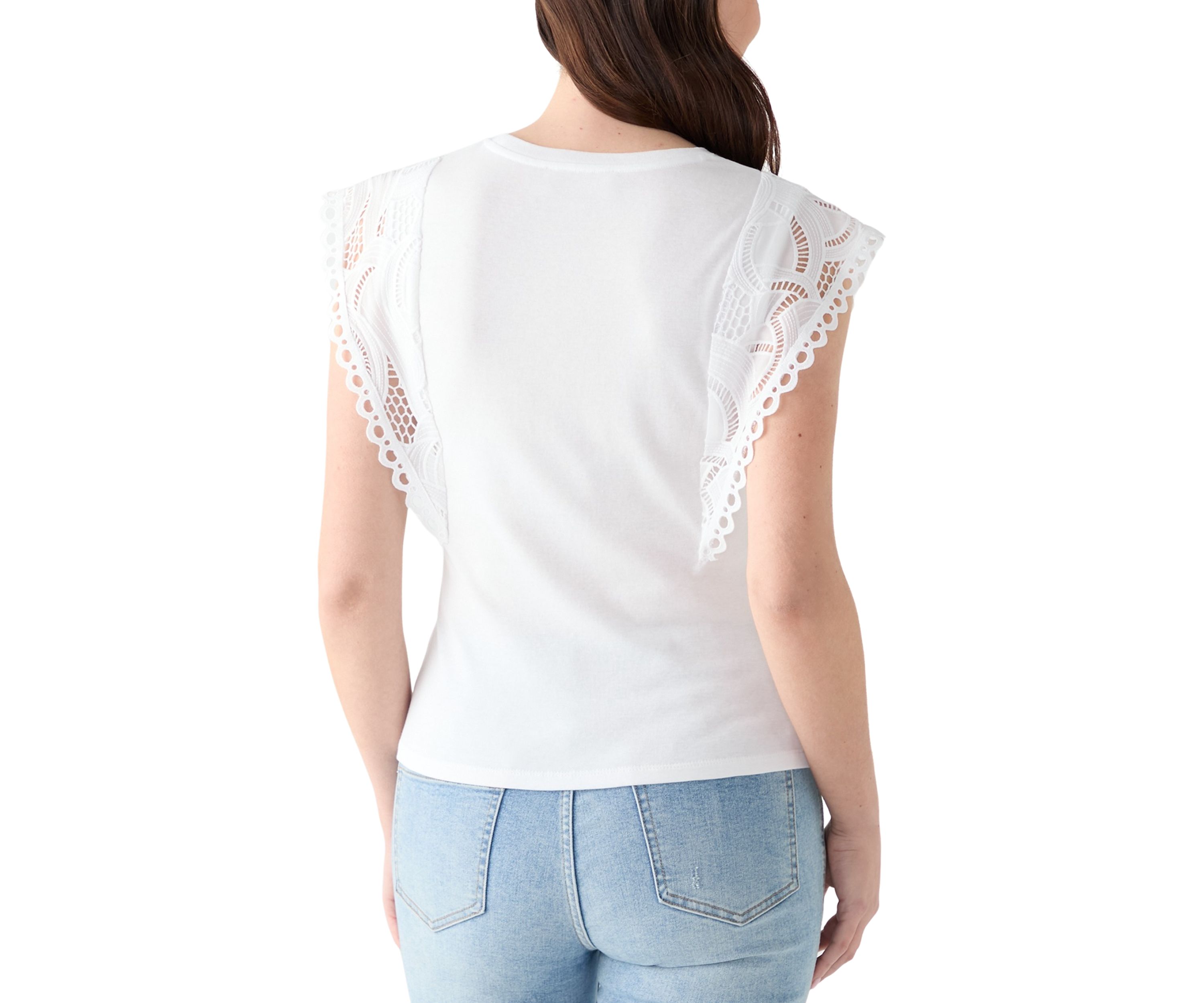 Womens Short Lace Sleeve Crew Neck Knit Top