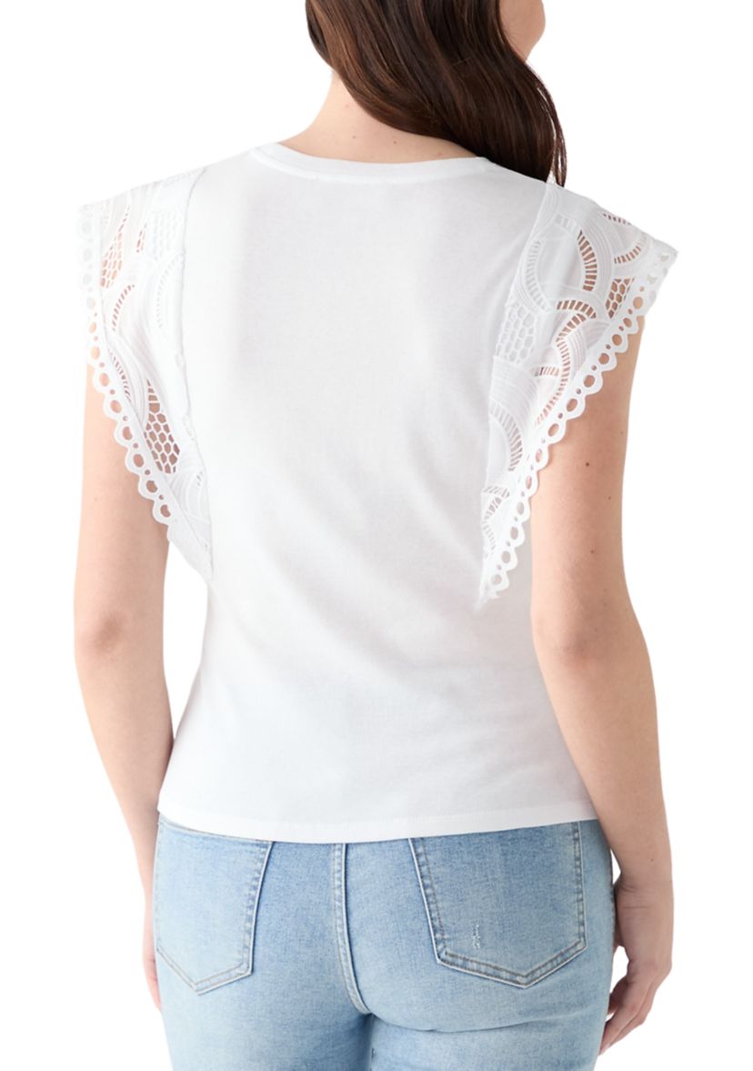 Womens Short Lace Sleeve Crew Neck Knit Top